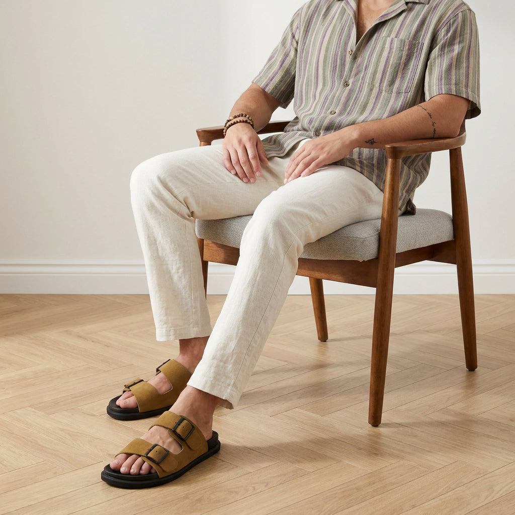 Alpha Genuine Leather Mens Sandals Camel Medium
