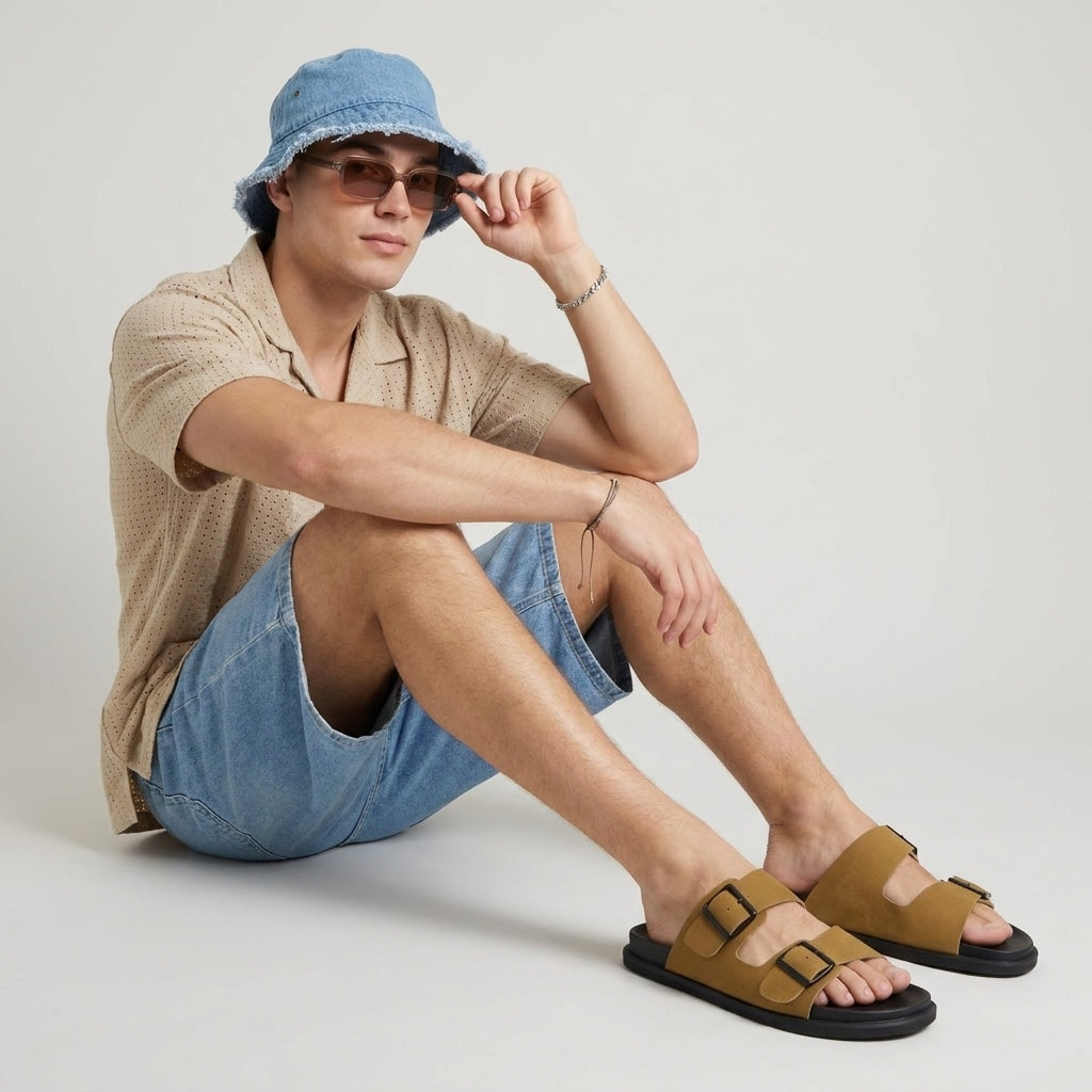 Alpha Genuine Leather Mens Sandals Camel Medium