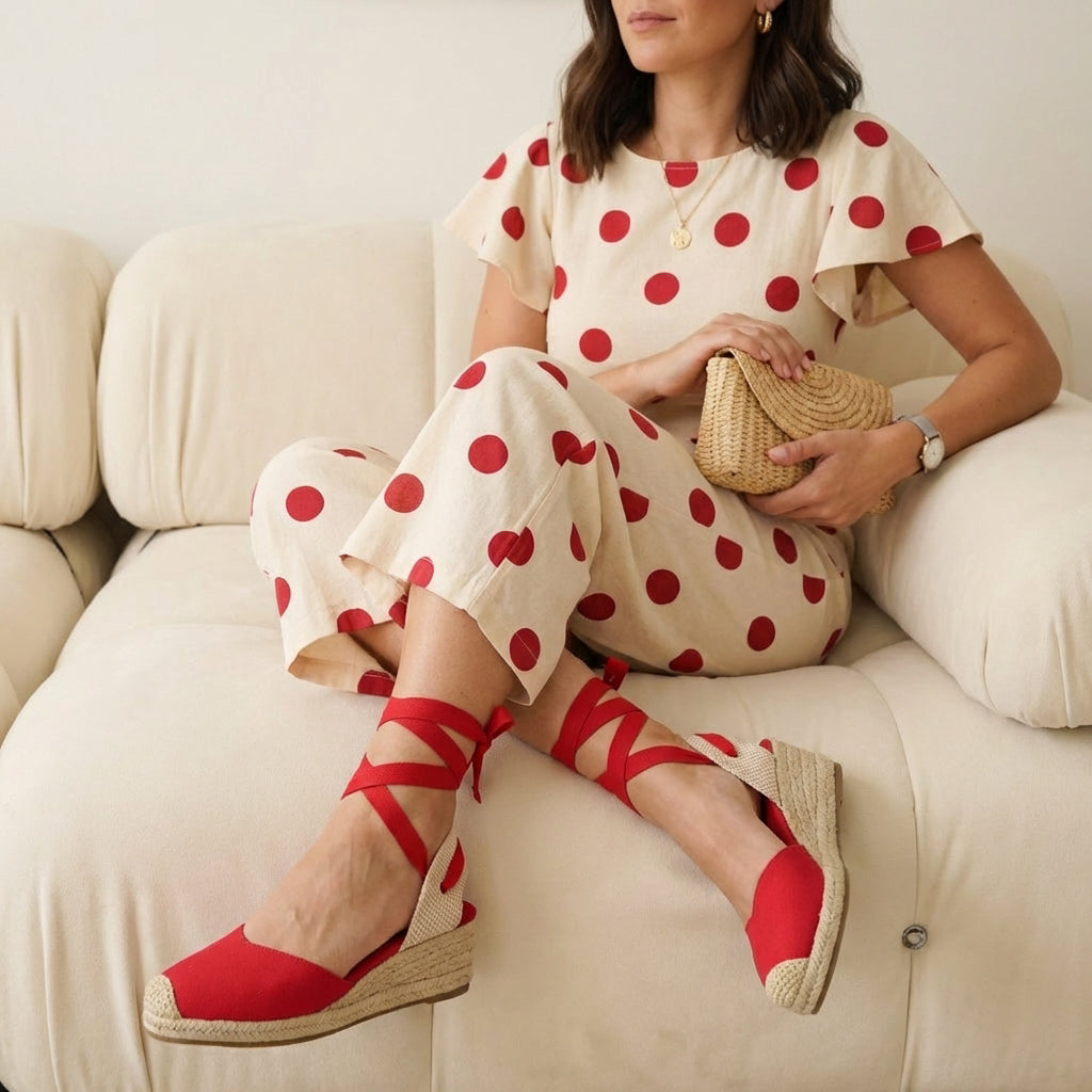 Bonita Platform Wedge Sandals Red Canvas