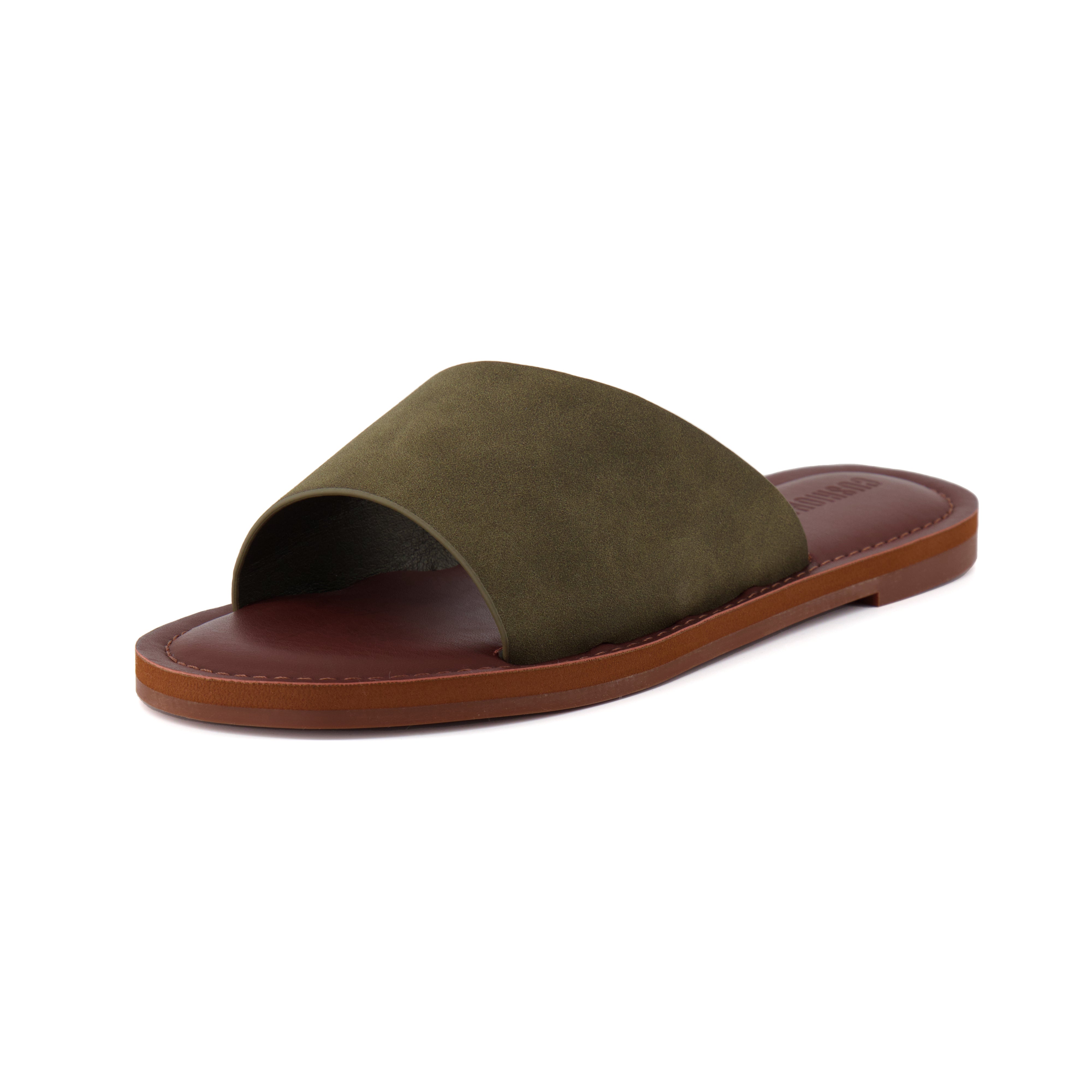 Carly One Band Slide Sandal Olive Vegan Suede