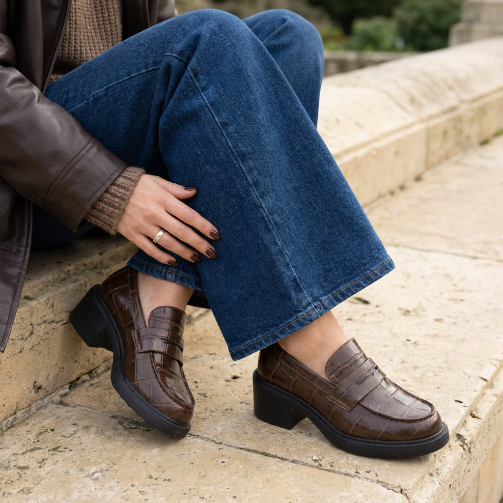 Chevy Chunky Heeled Womens Loafers Chocolate Croco
