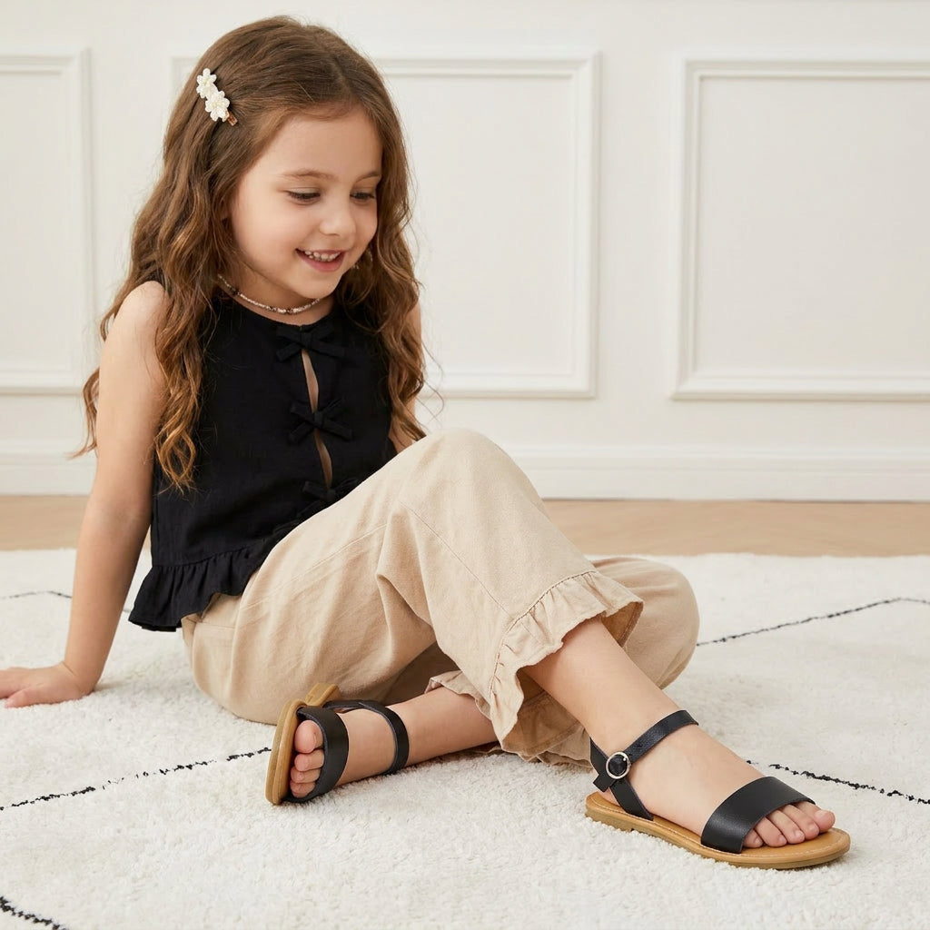 Clara Casual Flat Girls Sandals Black Smooth Medium