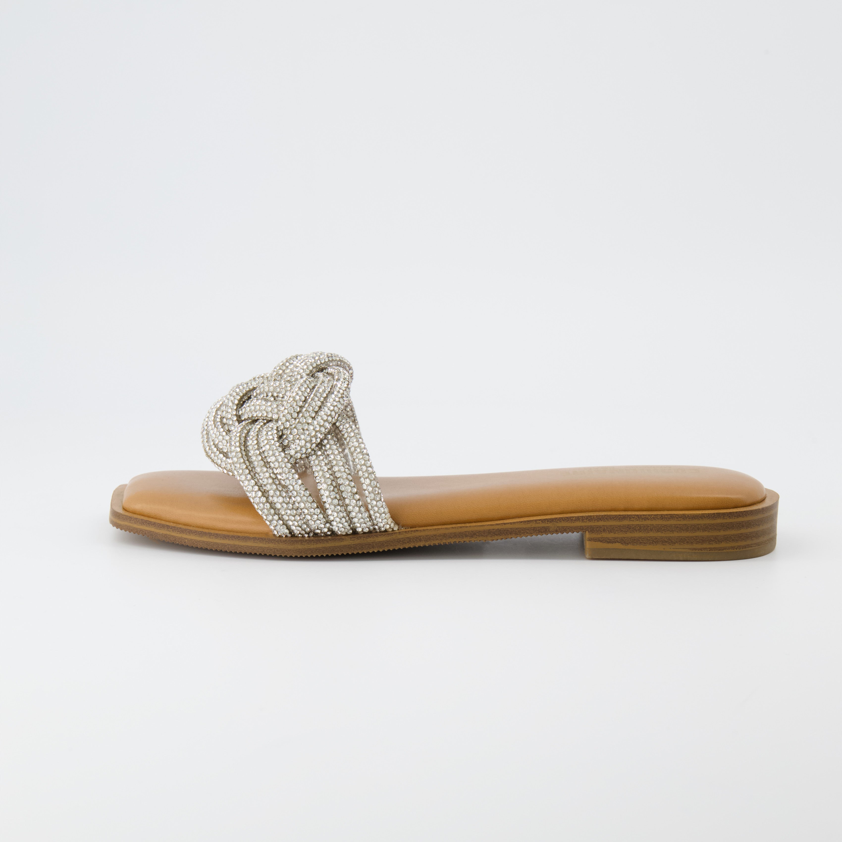 Fortuna Braided Rhinestone Slide Sandal Silver