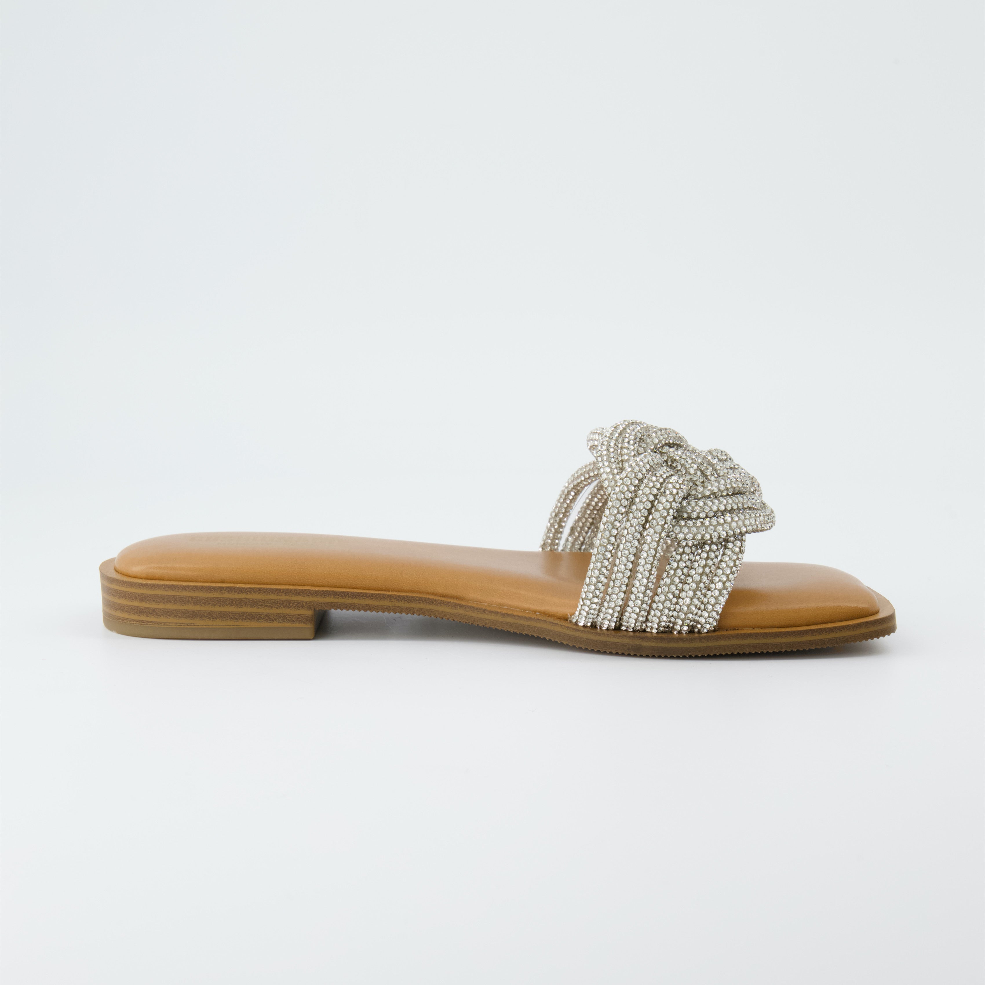 Fortuna Braided Rhinestone Slide Sandal Silver