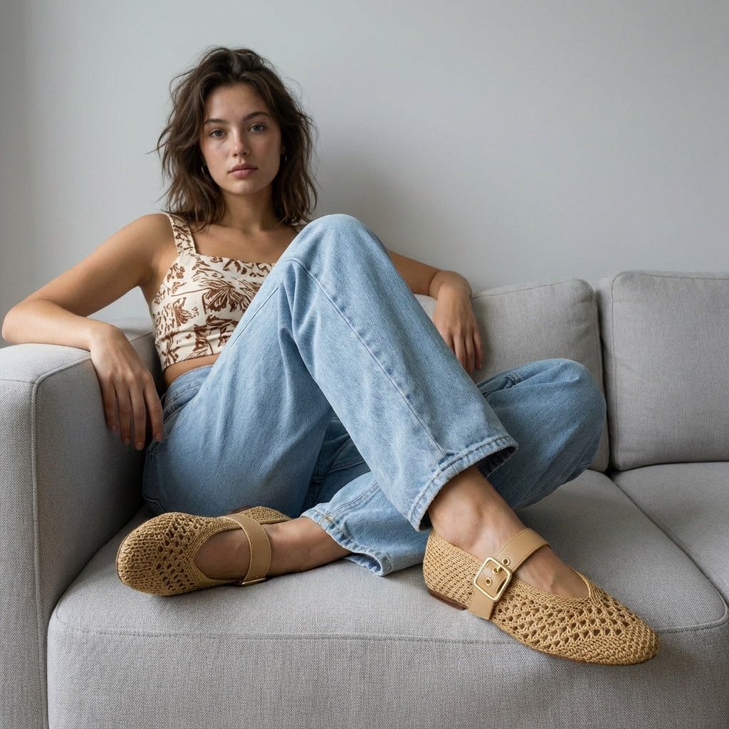 Gabby Woven Mary Jane Flats Tan Medium