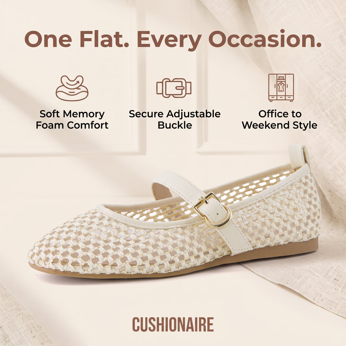Gracie Mesh Mary Jane Flats Cream Medium