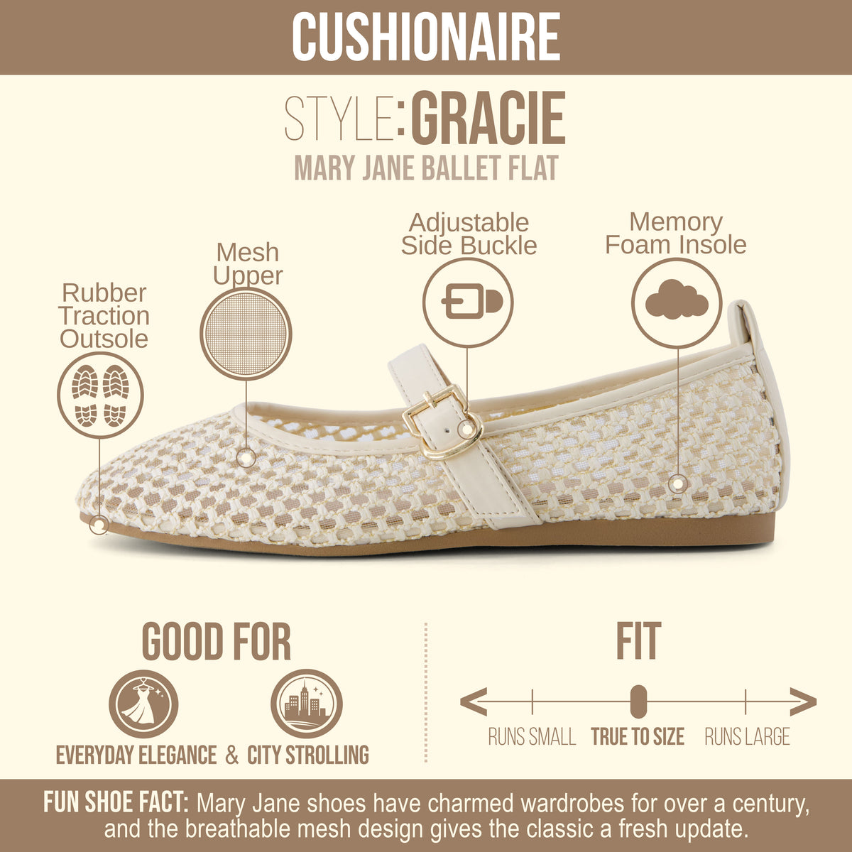 Gracie Mesh Mary Jane Flats Cream Medium