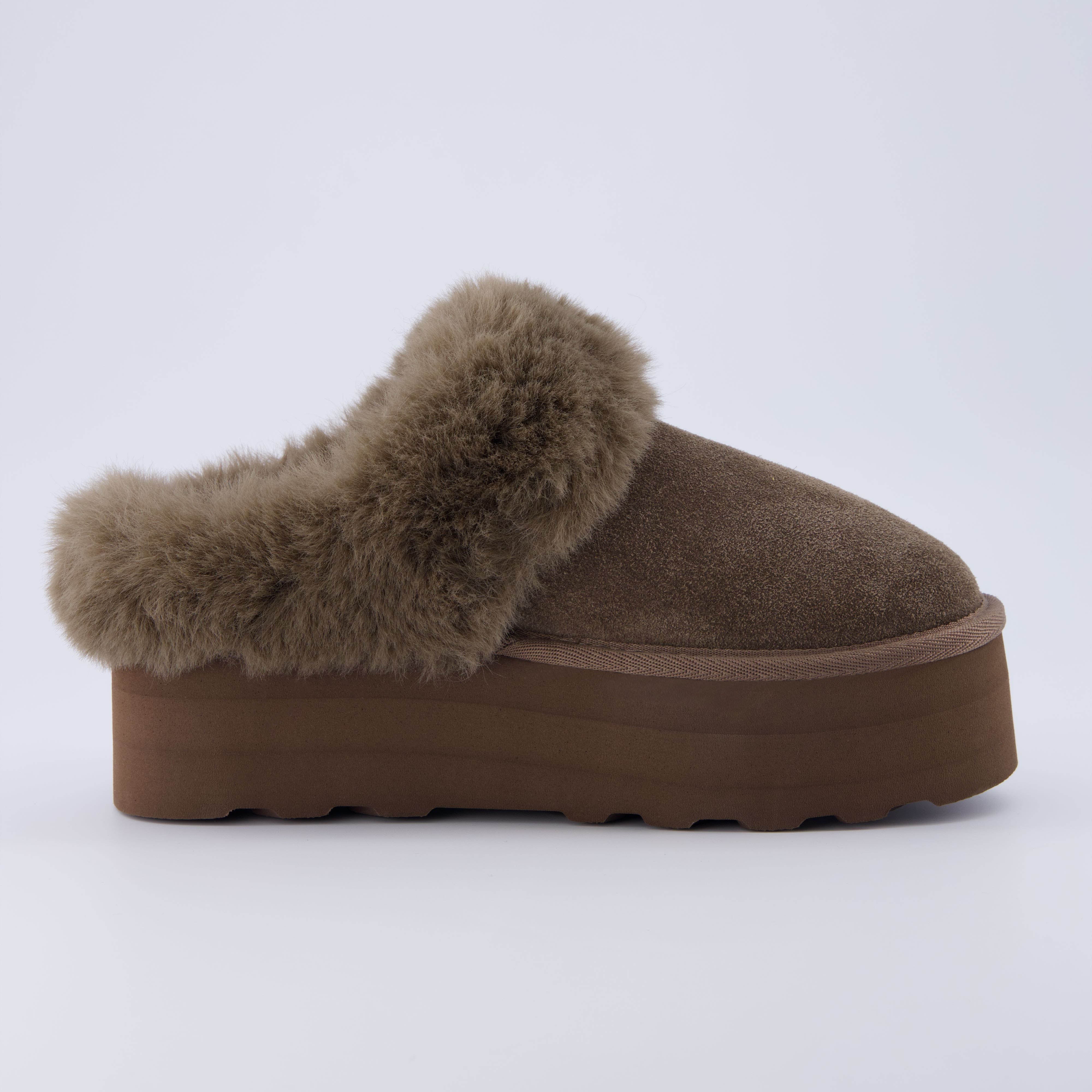 Husky Suede Cozy Platform Mule Taupe
