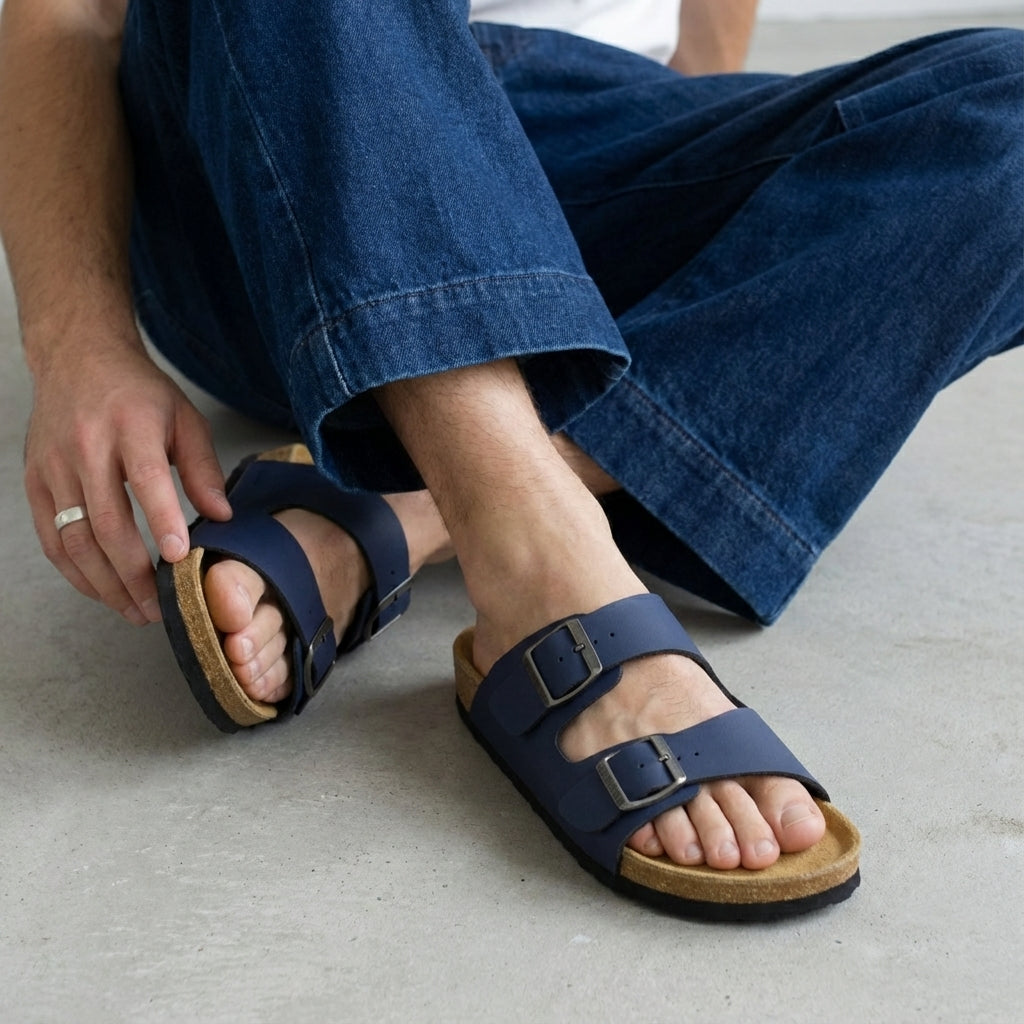 Lane Men's Cork Footbed Sandal Navy Nubuck Medium