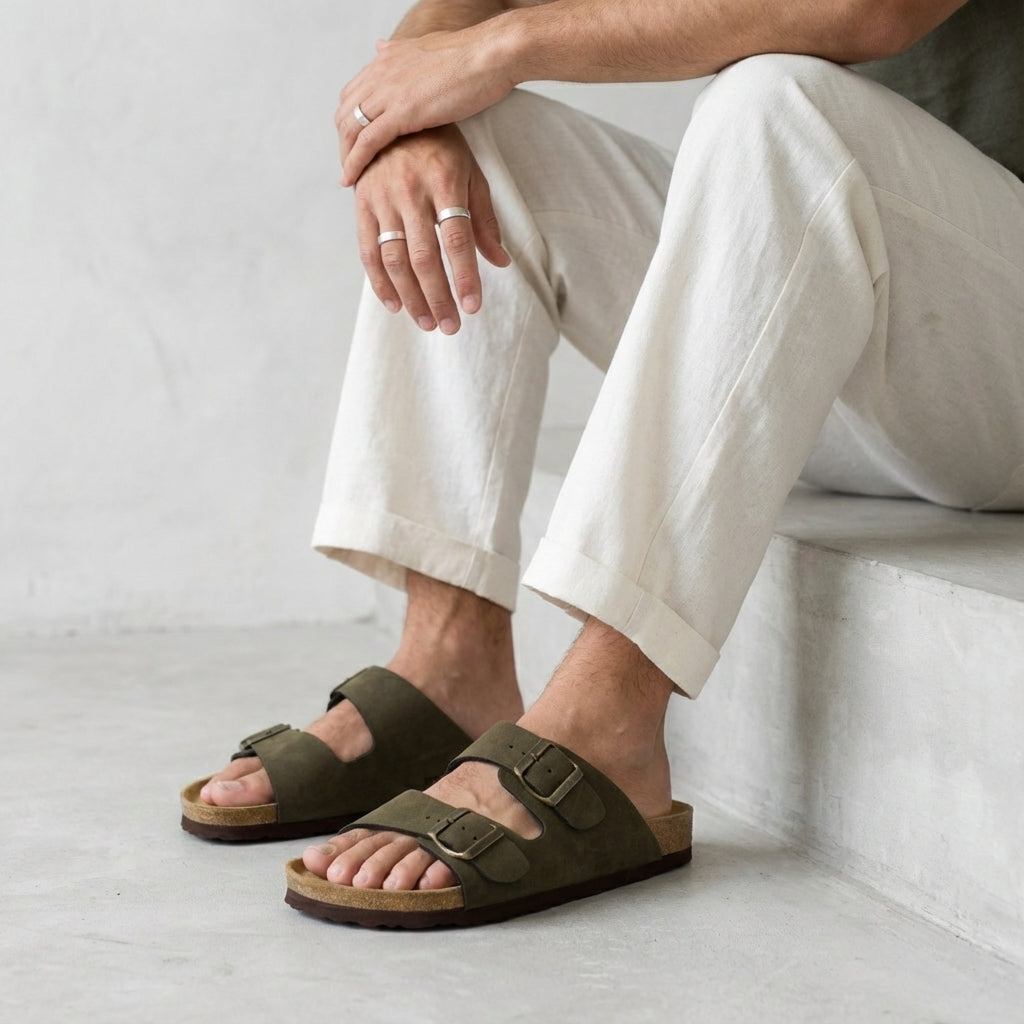 Lane Men's Cork Footbed Sandal Olive Nubuck Medium