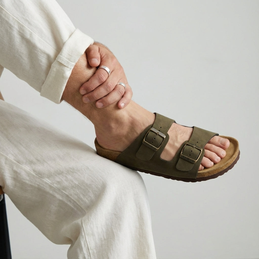 Lane Men's Cork Footbed Sandal Olive Nubuck Medium