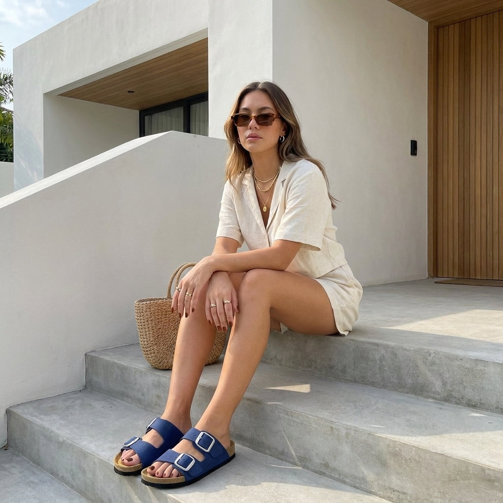 Laz Genuine Suede Slides Navy