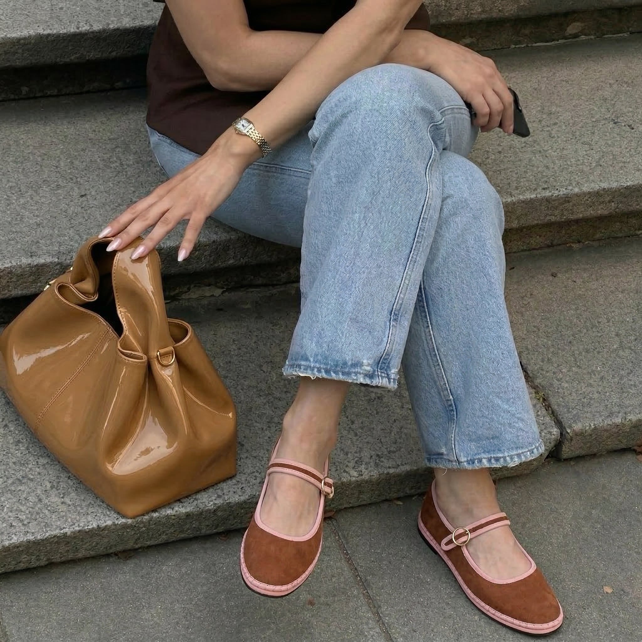 Missy Mary Jane Ballet Flats Brown Pink Fabric Medium