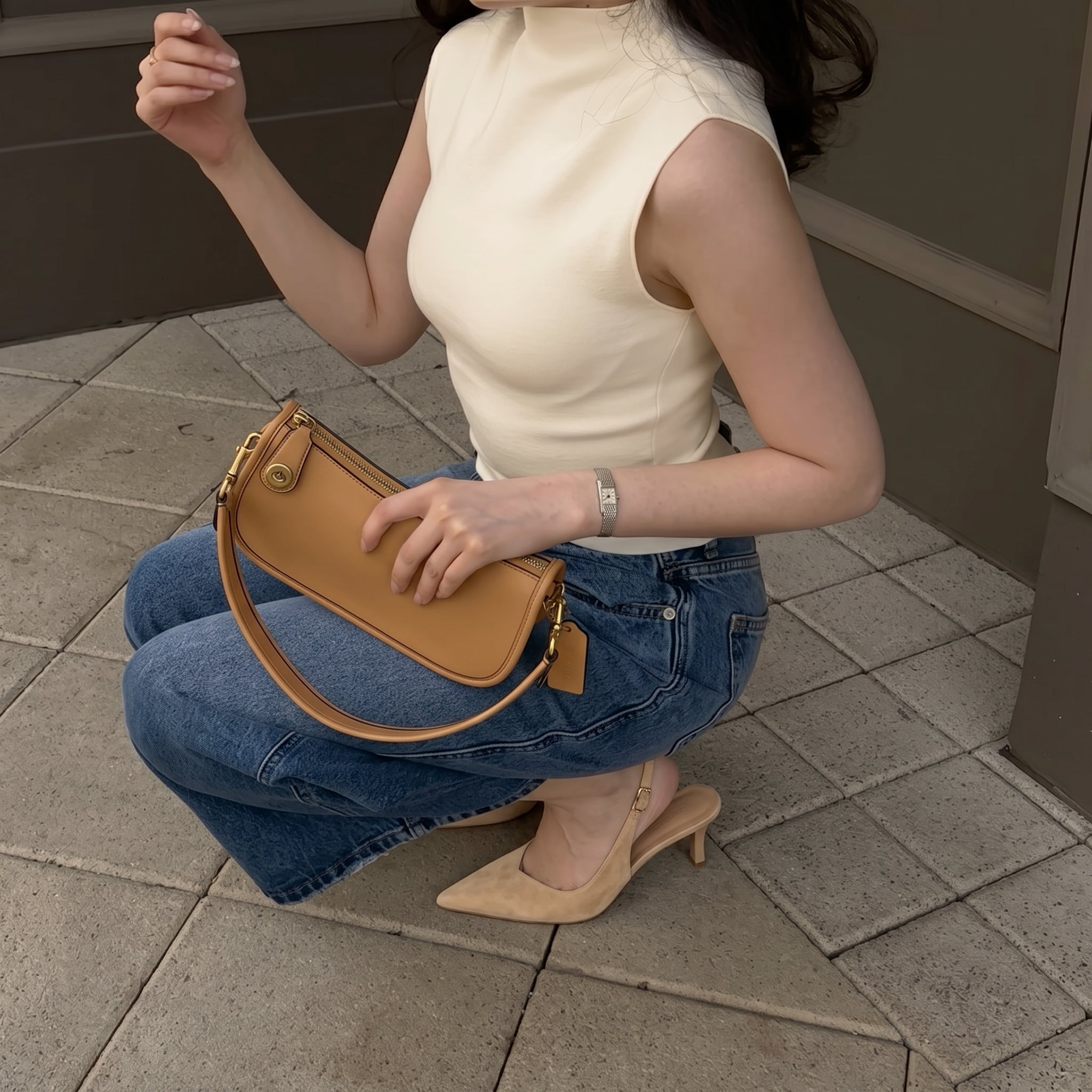 Saby Slingback Kitten Heels Microsuede Tan Medium