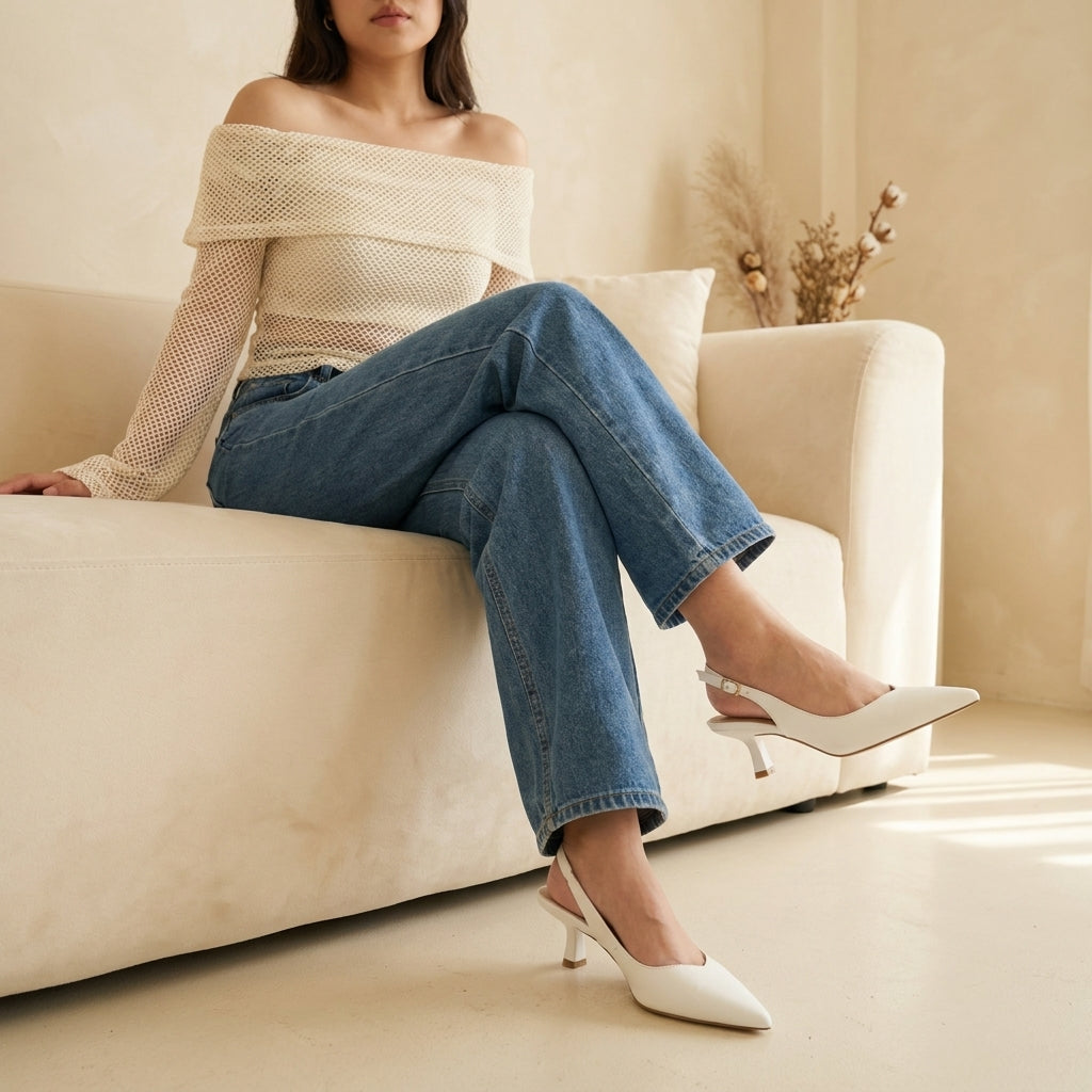 Saby Slingback Kitten Heels Smooth Ivory Medium