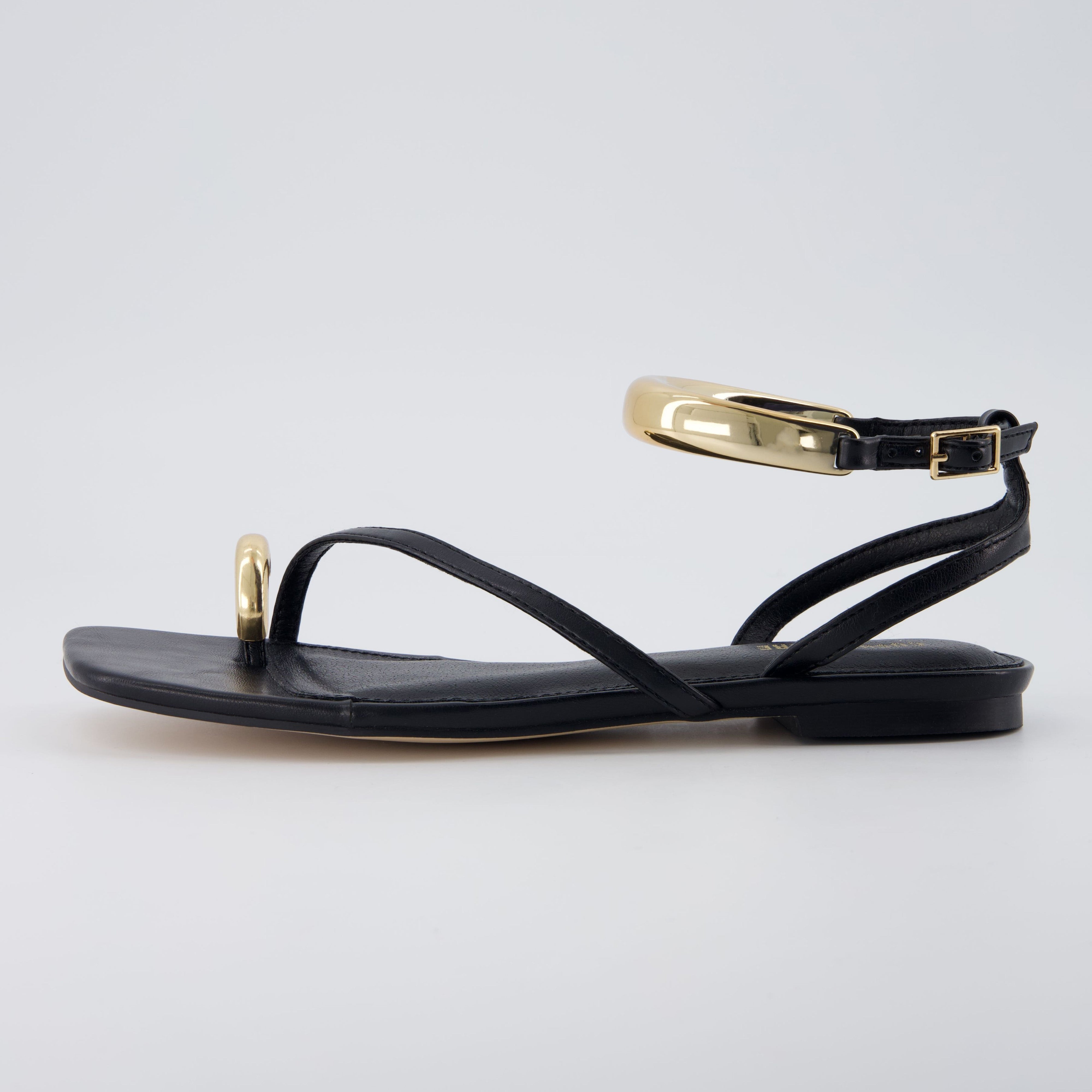 Cushionaire Secret Flat Sandals for Women with Gold Ankle Cuff and Toe Ring Strap, Vegan Leather Dress Sandals - Black 9