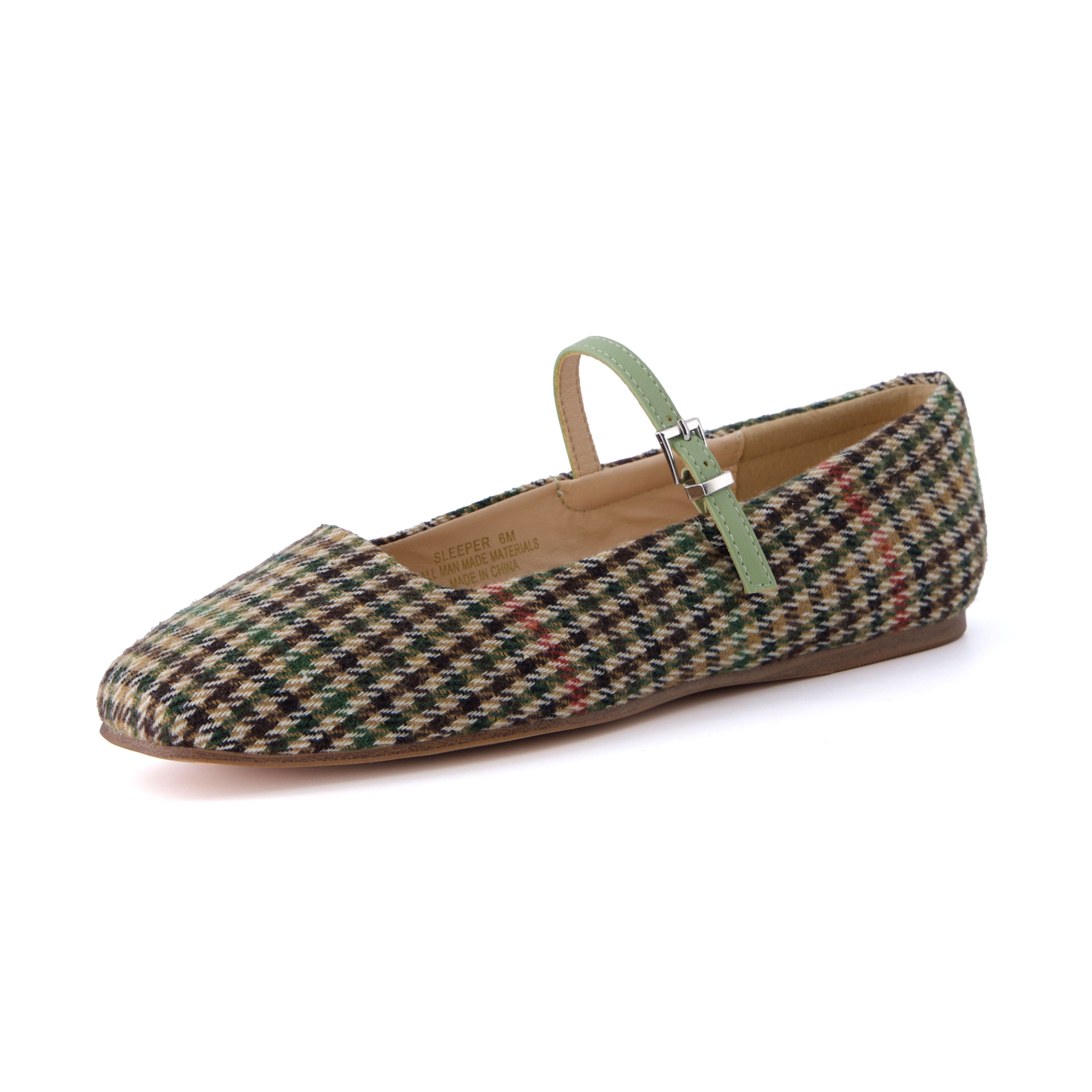Sleeper Mary Jane Flat Sage Wool Plaid