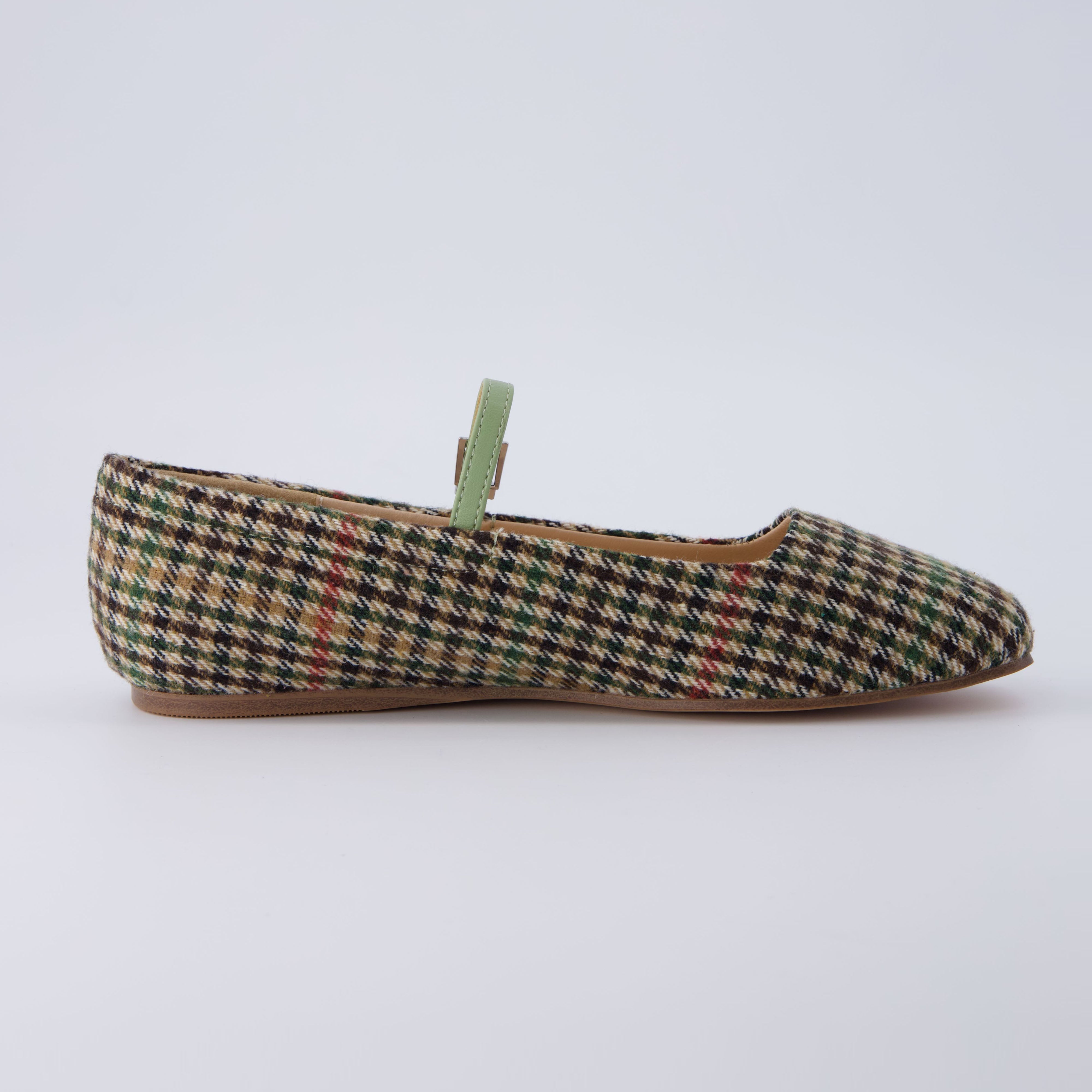 Sleeper Mary Jane Flat Sage Wool Plaid