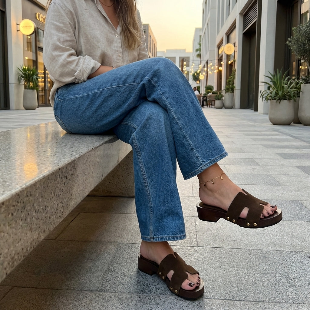 Thai-L Genuine Leather Platform Sandals Brown Medium