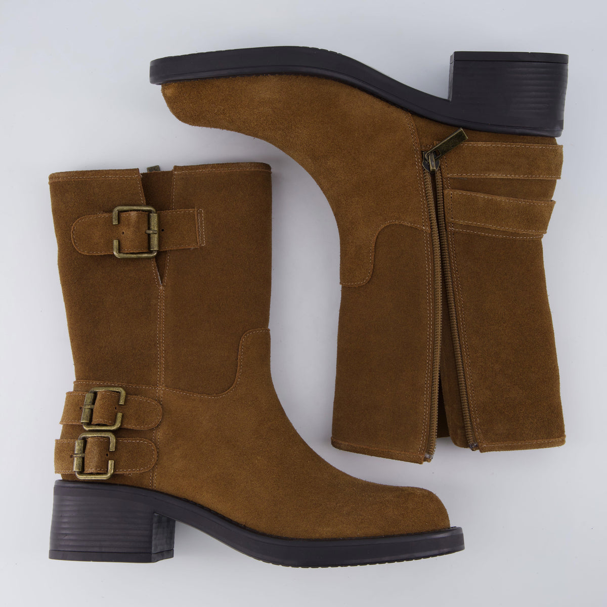 Tidy Suede Moto Boots Tobacco