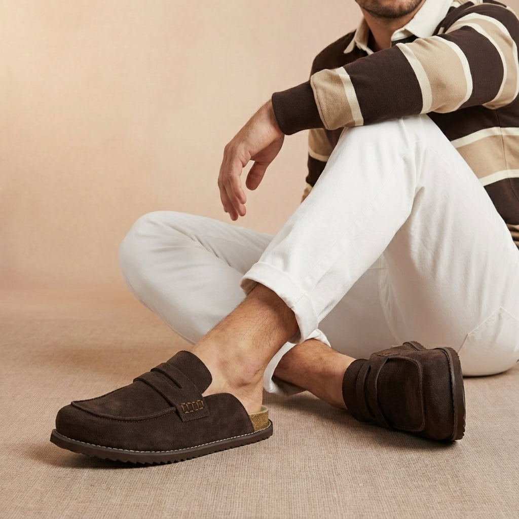 Cushionaire Wally Men's Suede Loafer Clogs - Genuine Leather Slip