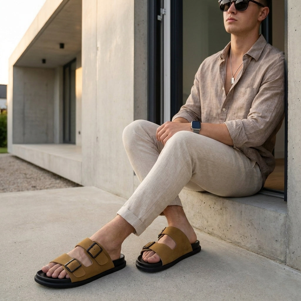 Alpha Genuine Leather Mens Sandals Camel Medium