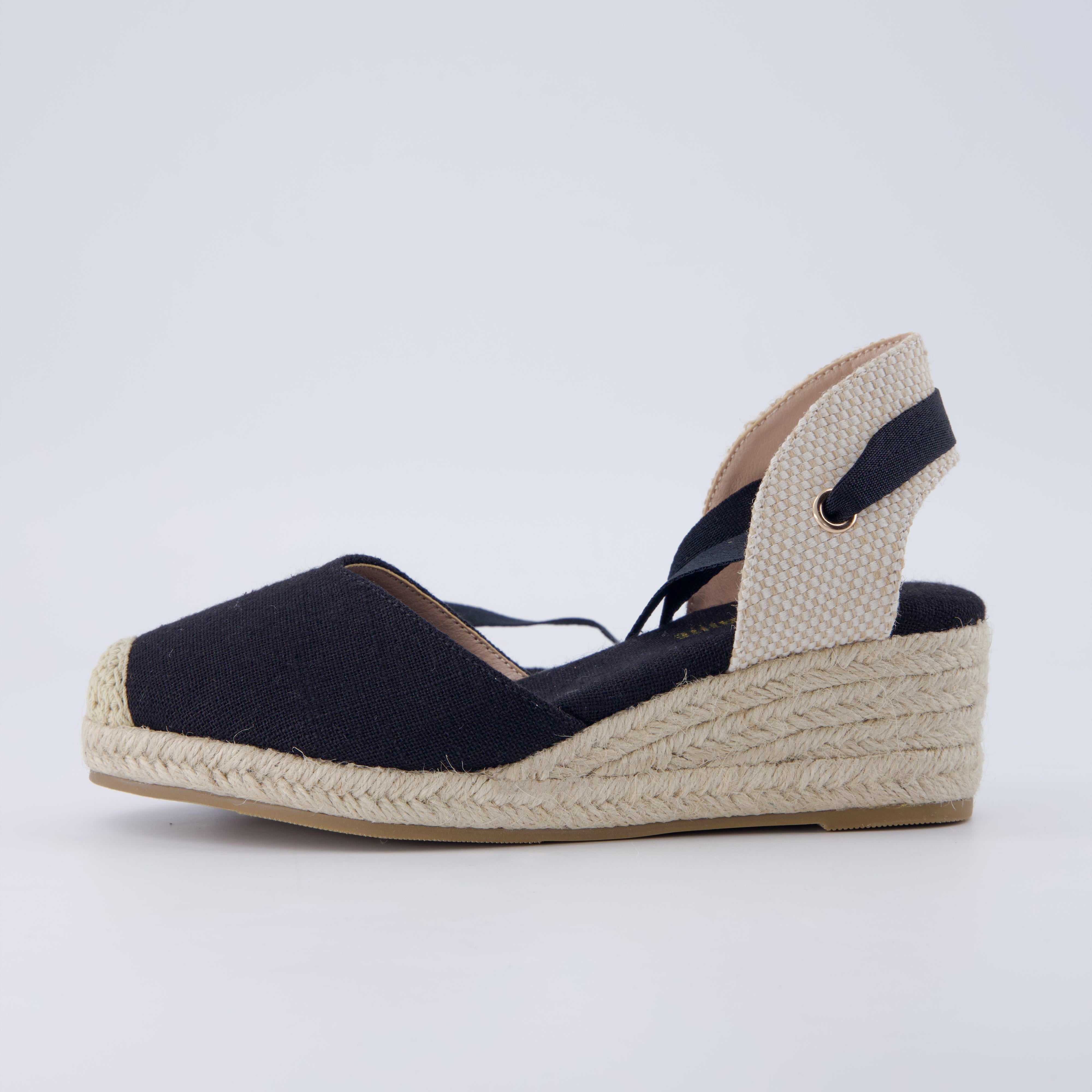 Bonita Platform Wedge Sandals Black Linen
