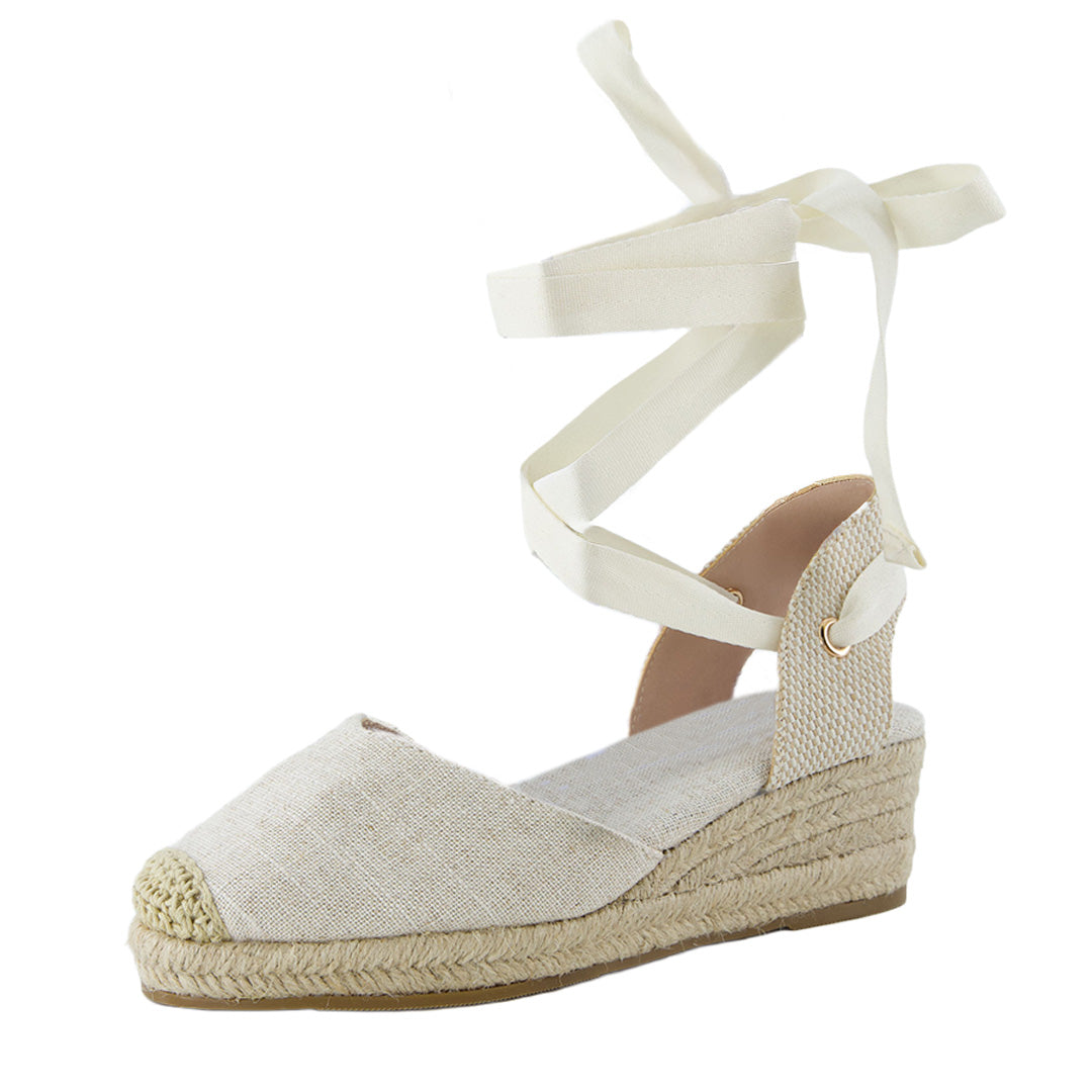 Bonita Platform Wedge Sandals Beige Linen