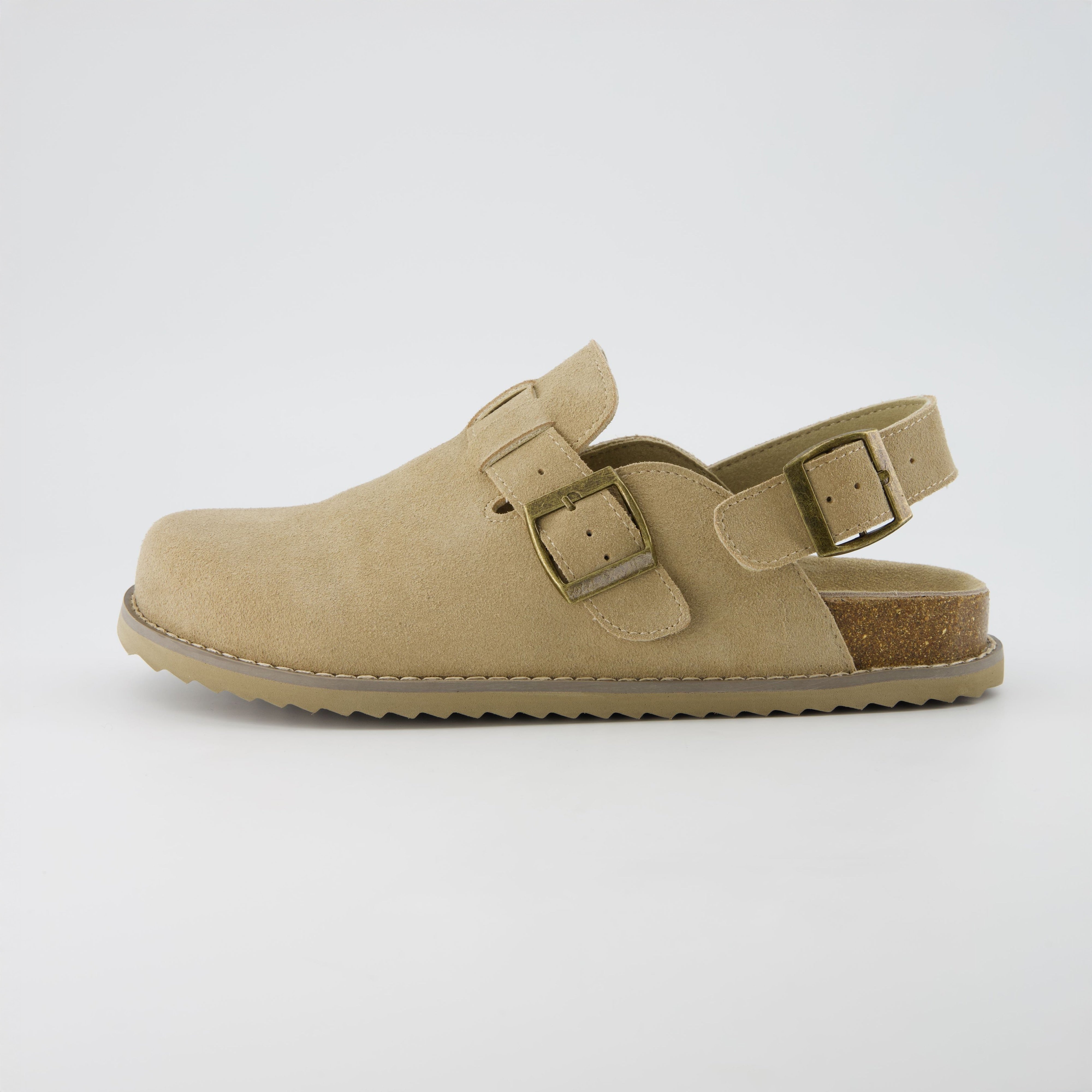 Cushionaire Brooklyn Suede Womens Slides– Comfortable Clog Mules with Adjustable Buckles – Summer Shoes for Women Biscuit
