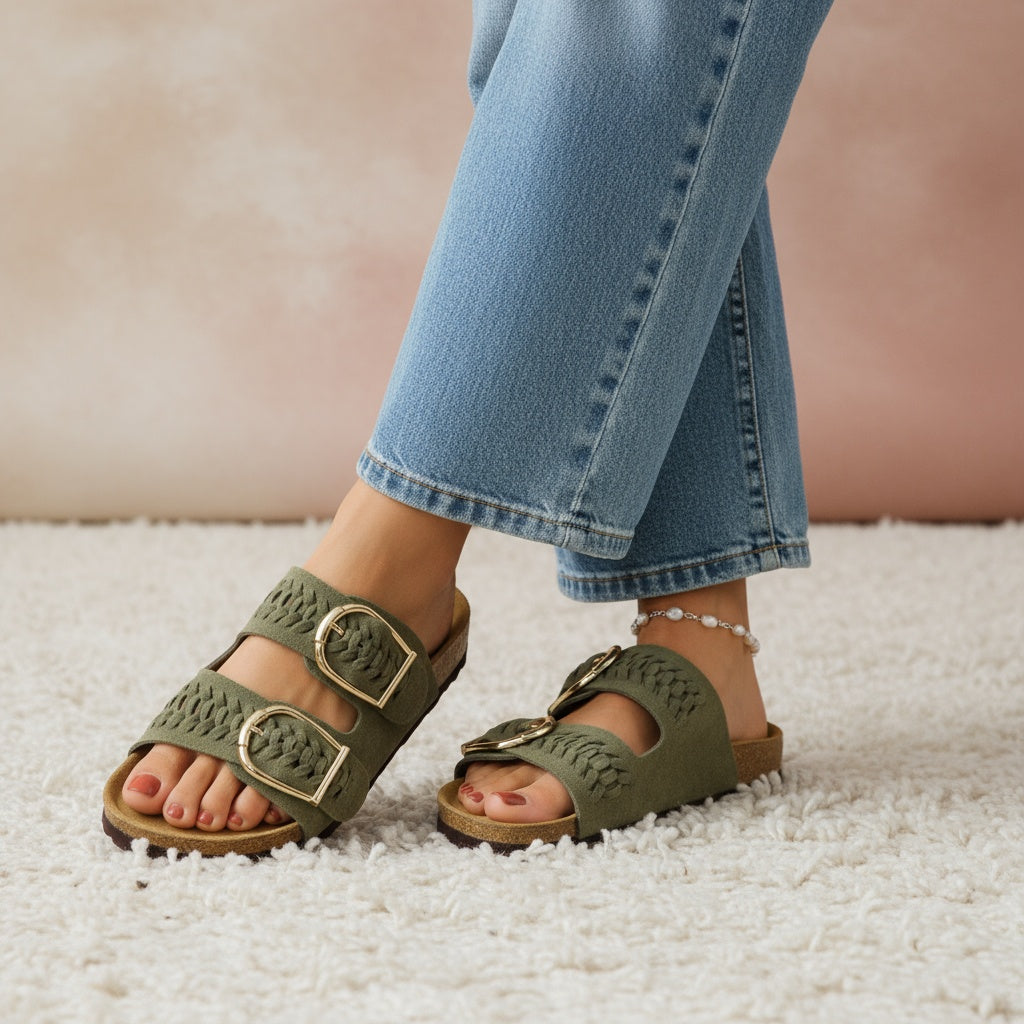 Cushionaire Cashew Slip On Women's Suede Cork Sandals - Braided
