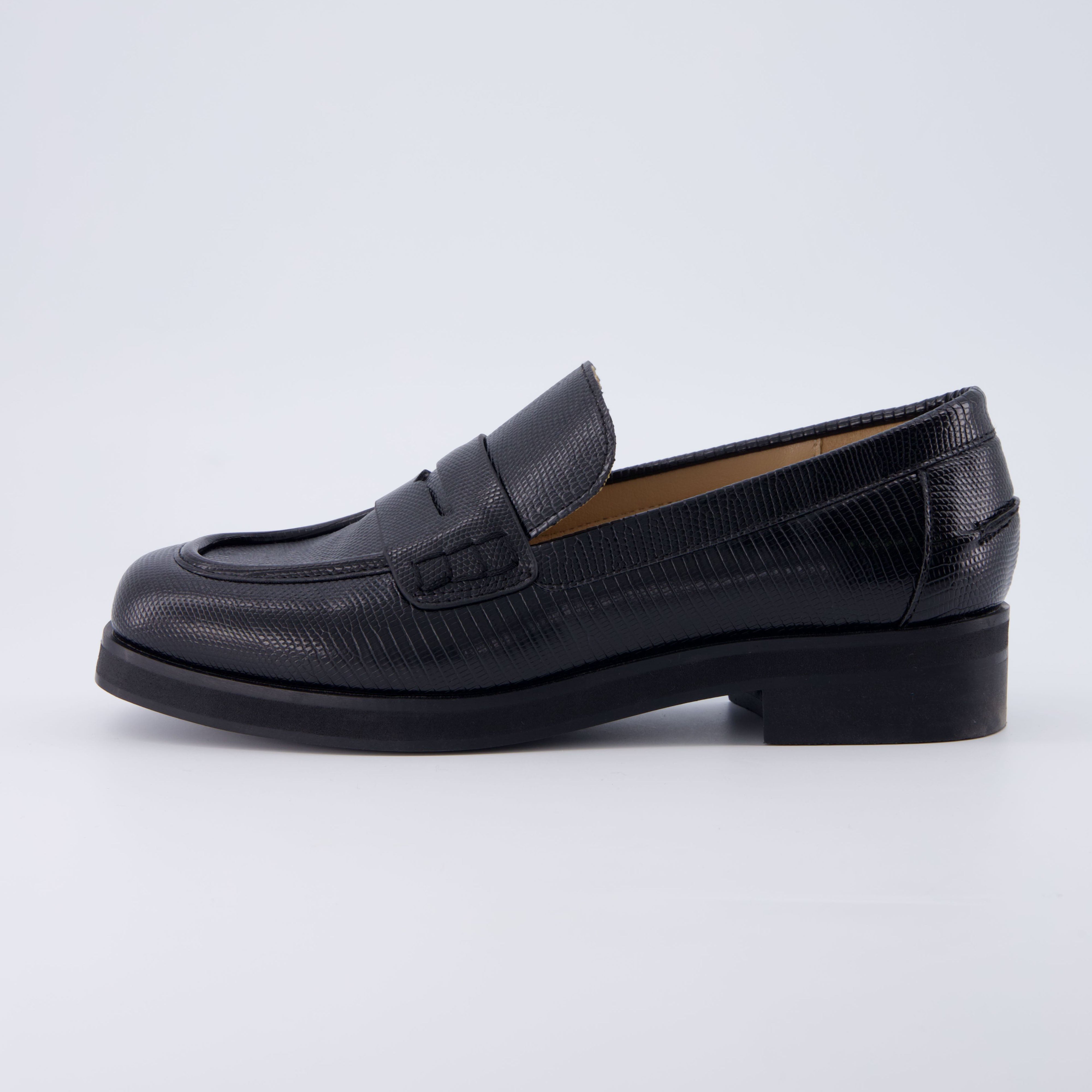 Charade Penny Loafer Black Lizard