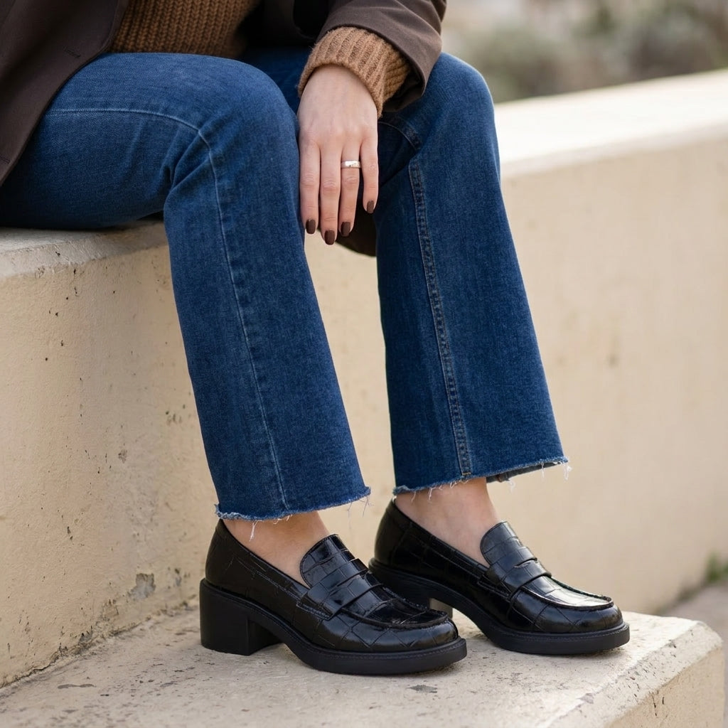 Chevy Chunky Heeled Womens Loafers Black Croco