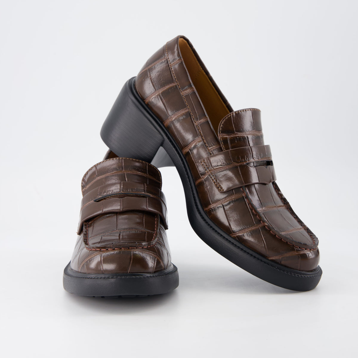 Chevy Chunky Heeled Womens Loafers Chocolate Croco