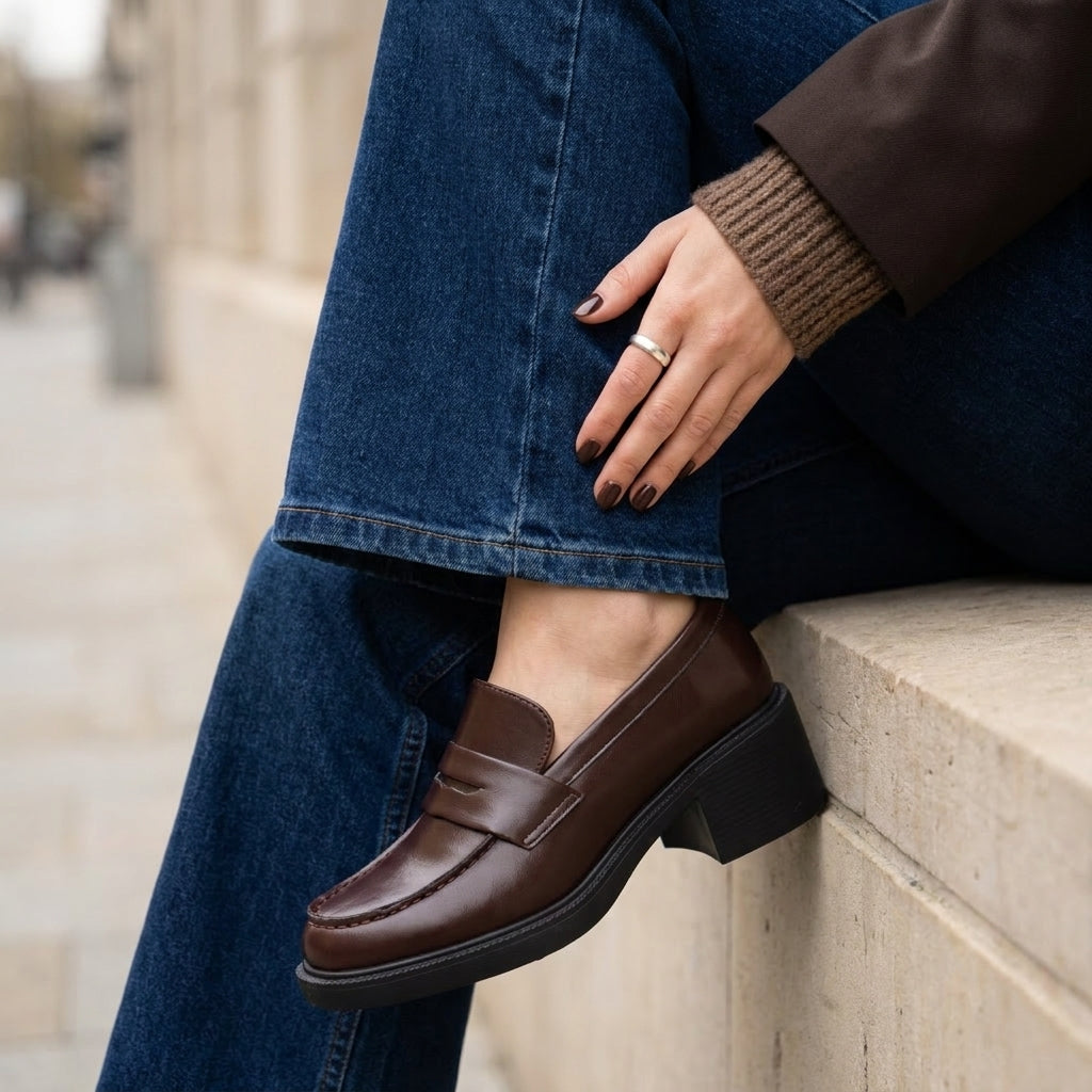 Chevy Chunky Heeled Womens Loafers Chocolate Croco