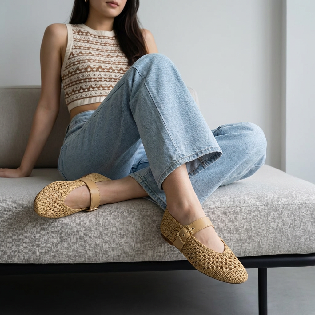 Gabby Woven Mary Jane Flats Tan Medium