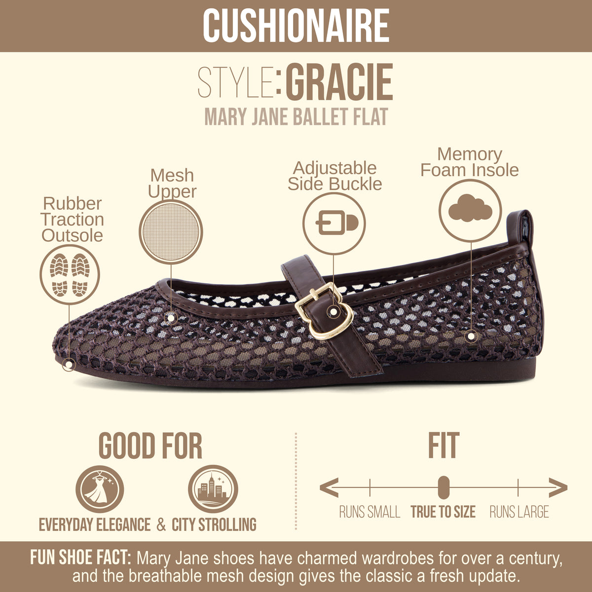 Gracie Mesh Mary Jane Flats Coffee Medium