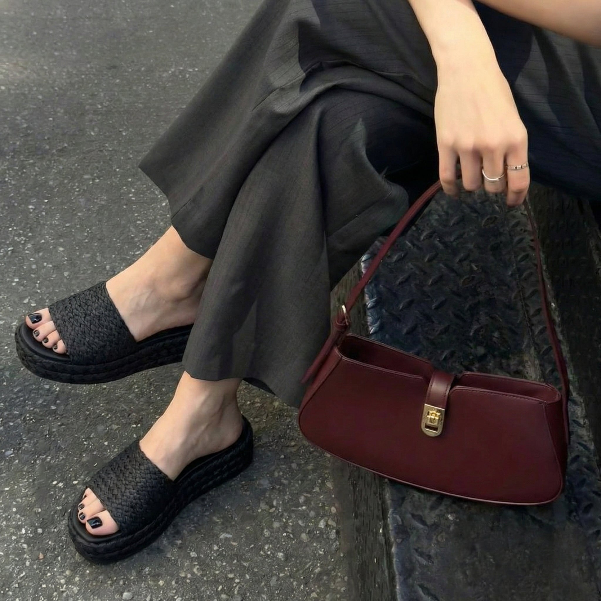 Kudos Platform Sandal Black Raffia