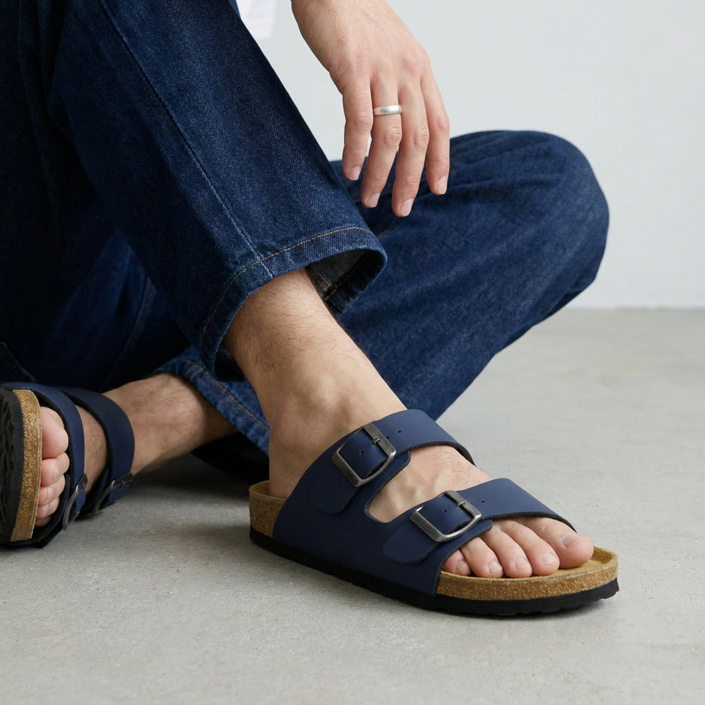 Lane Men's Cork Footbed Sandal Navy Nubuck Medium
