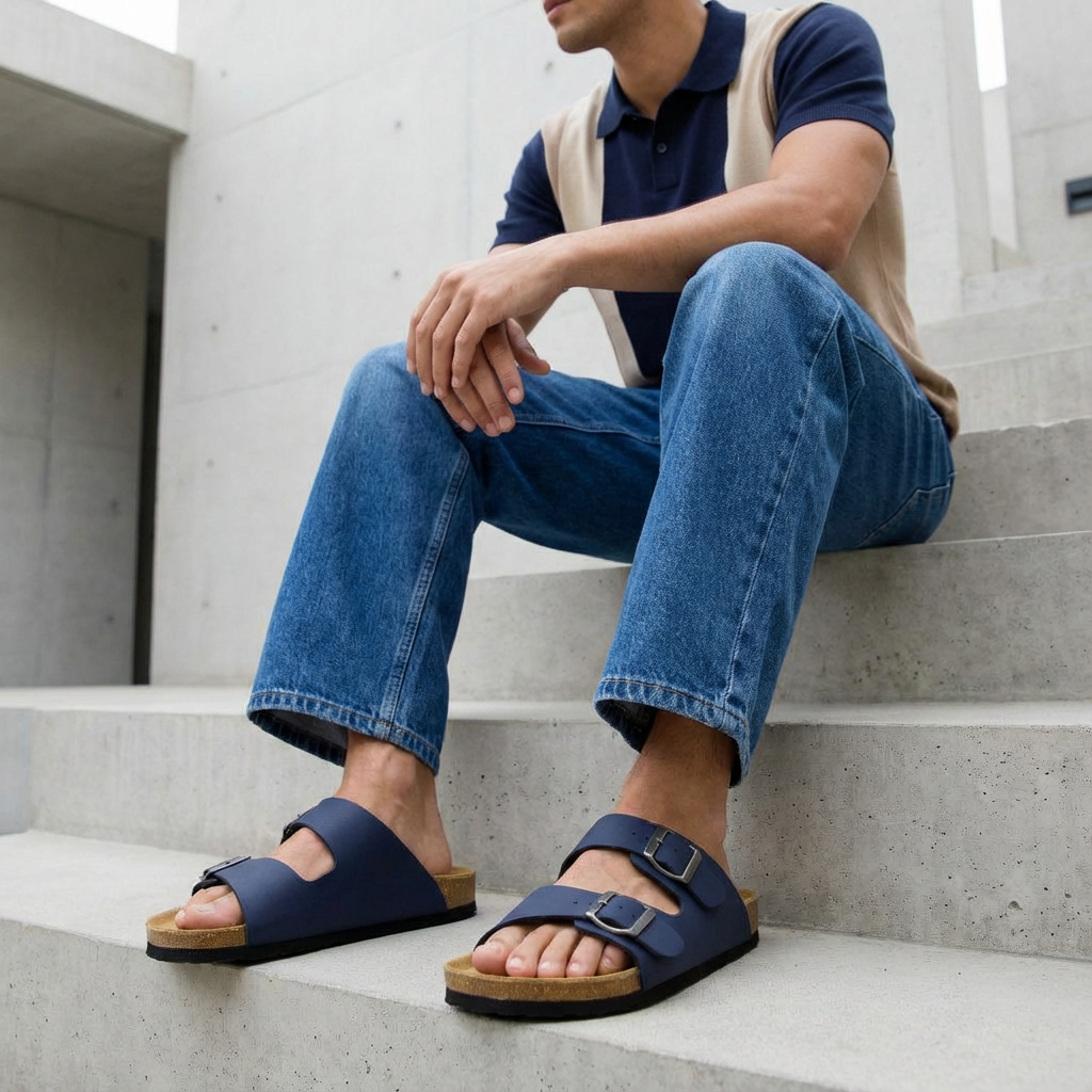Lane Men's Cork Footbed Sandal Navy Nubuck Medium