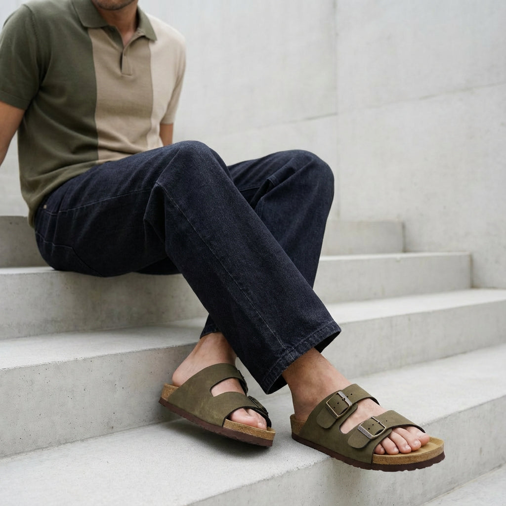 Lane Men's Cork Footbed Sandal Olive Nubuck Medium