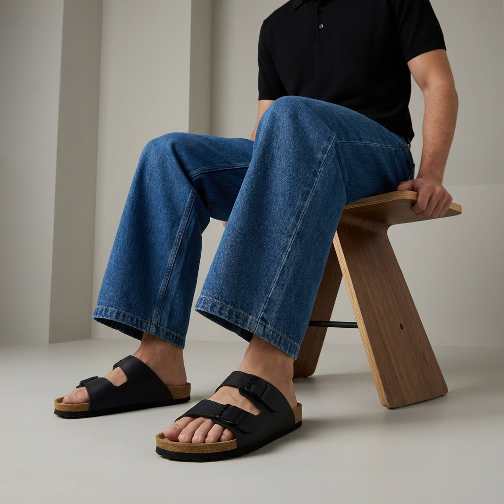 Lane Men's Cork Footbed Sandal Black Nappa Medium