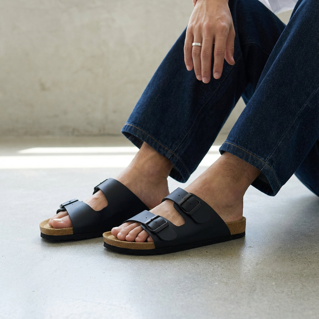 Lane Men's Cork Footbed Sandal Black Nappa Medium