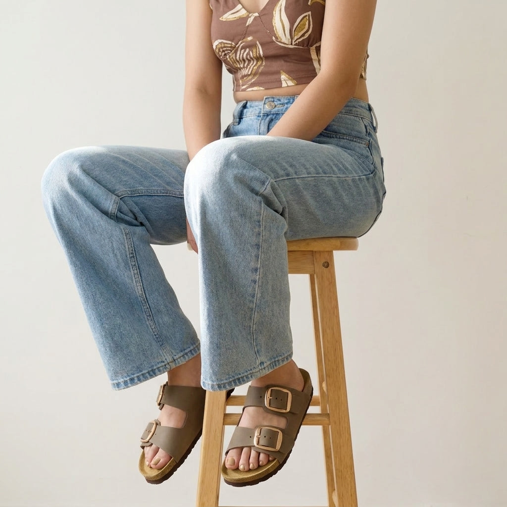 Laz Genuine Suede Slides Brown