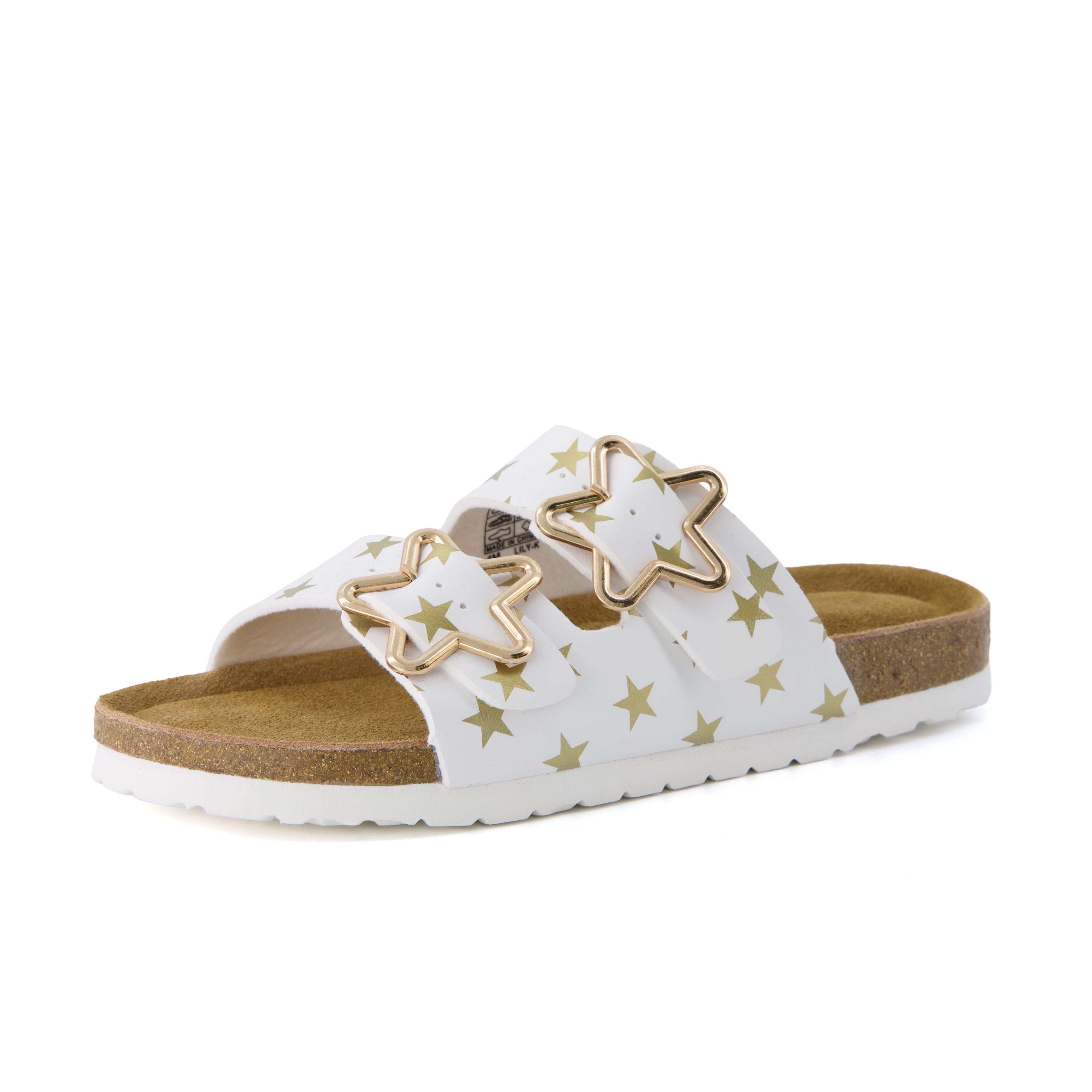white lily sandals Cushionaire Lily Girl Toddler Sandals with Adjustable Gold Tone Star Buckles and Cushioned Cork Footbed Slip On Girls Slides for Kids, Pink Stars 5