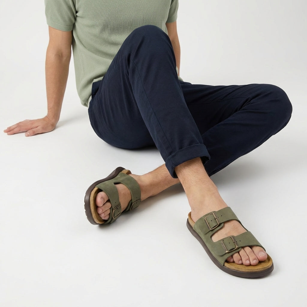 Mars Double Buckle Sandals Green Texture Medium