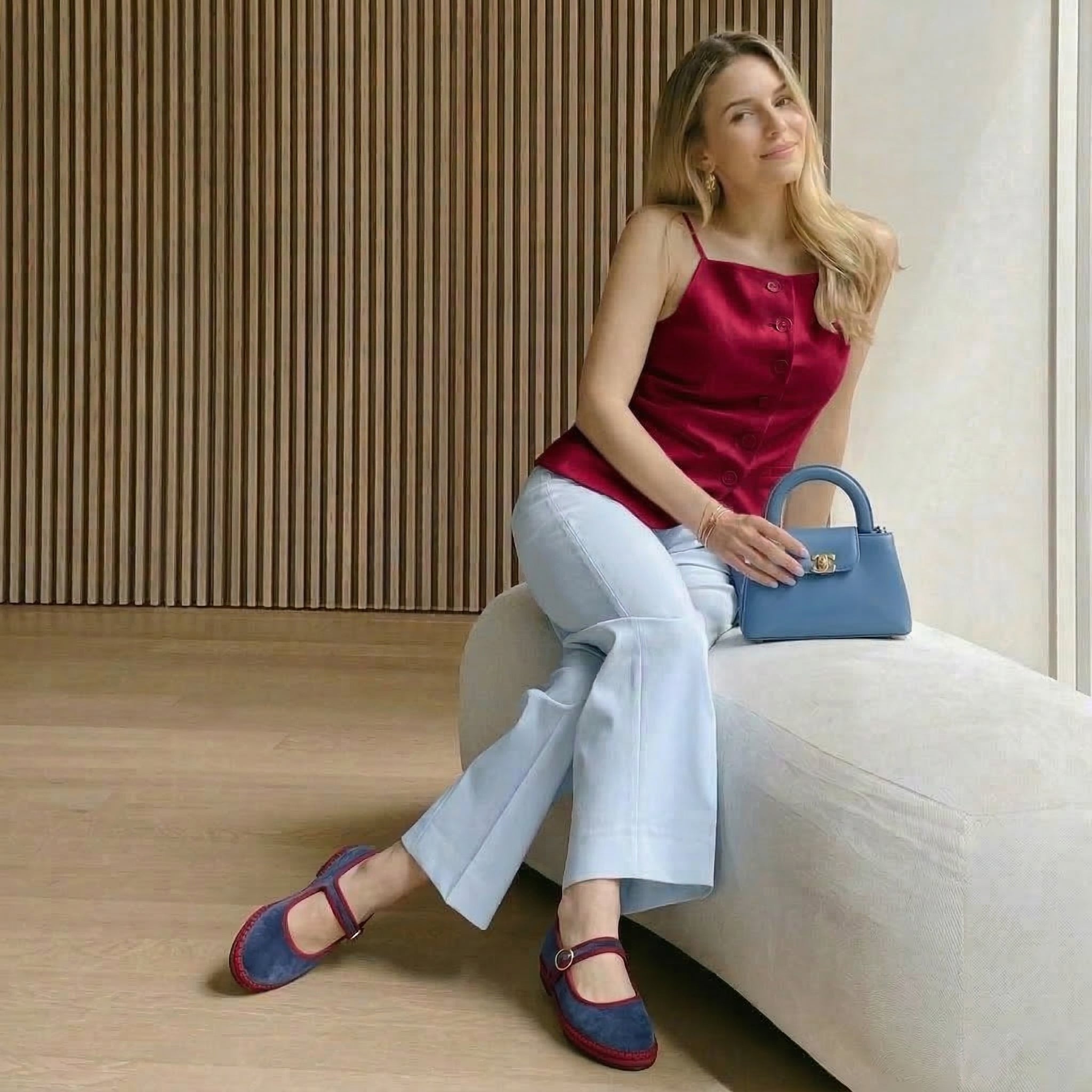 Missy Mary Jane Ballet Flats Dusty Blue Red Fabric Medium