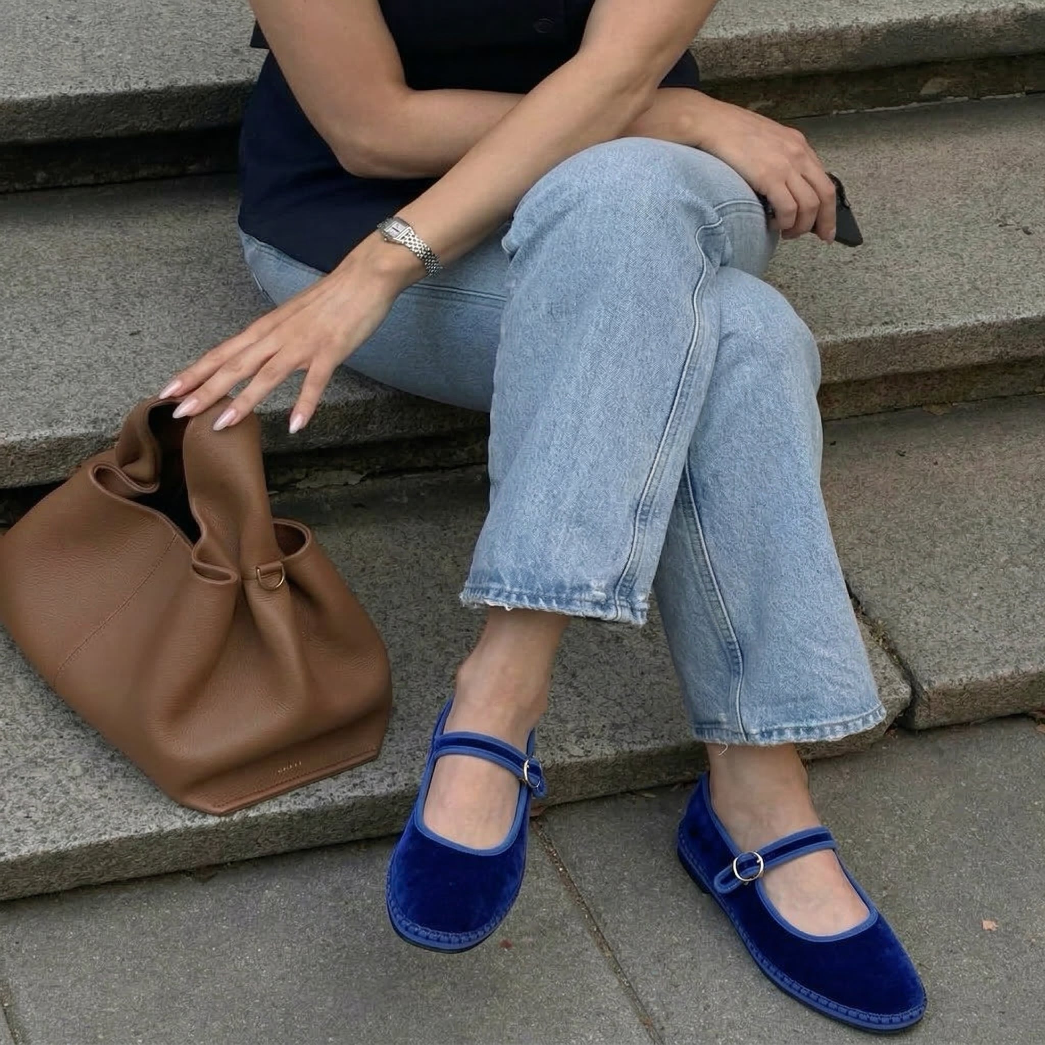 Missy Mary Jane Ballet Flats Navy Blue Fabric Medium