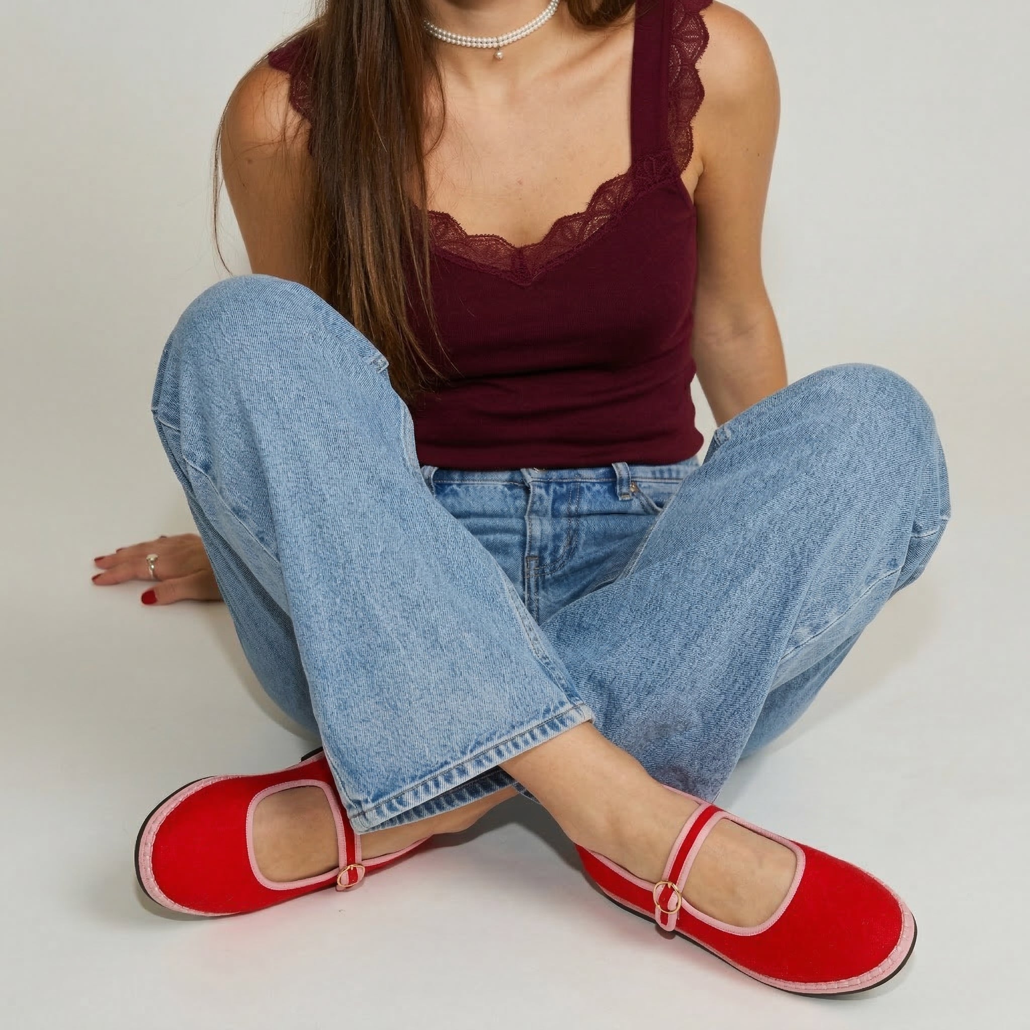 Missy Mary Jane Ballet Flats Red Pink Fabric Medium
