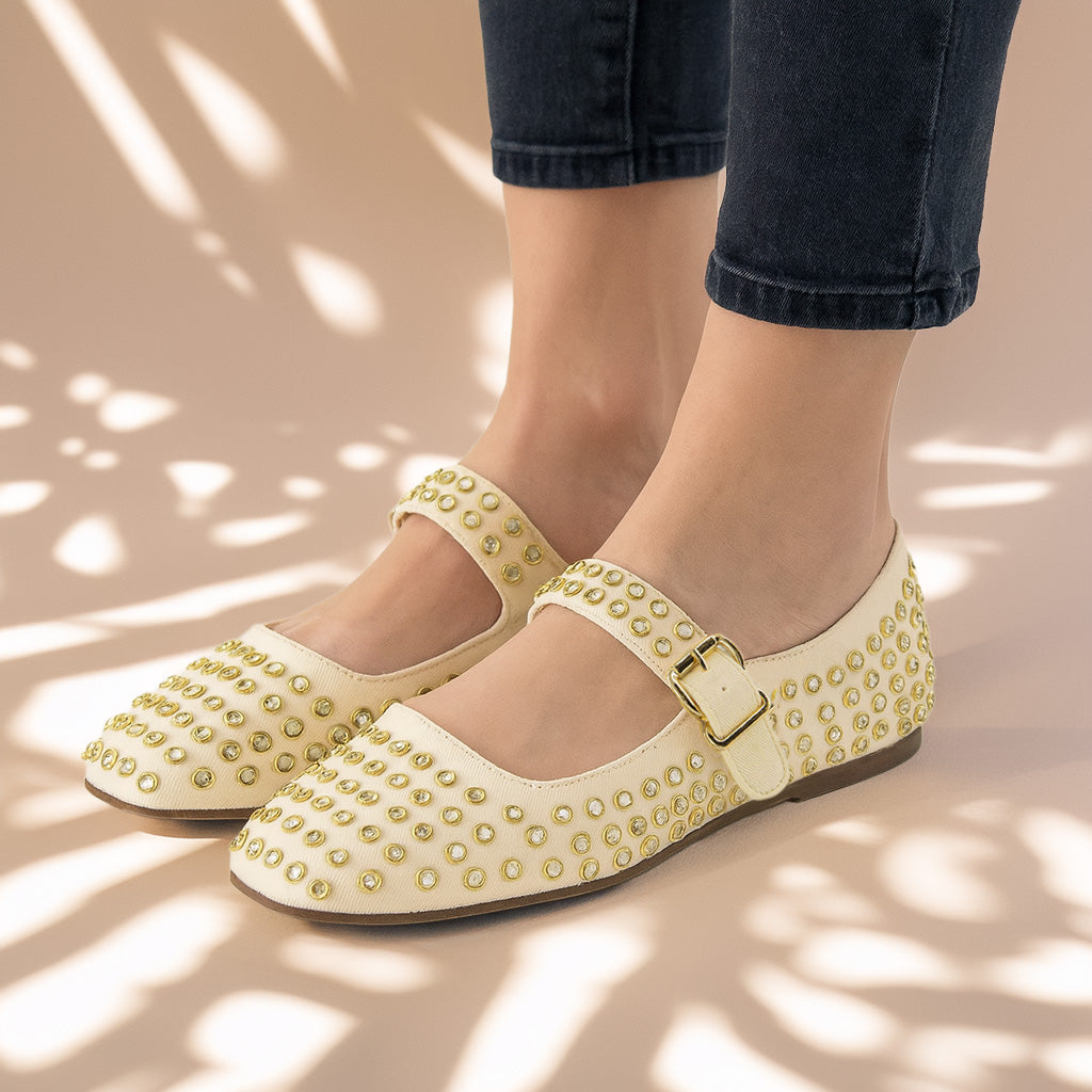 Princess Studded Mary Janes Beige