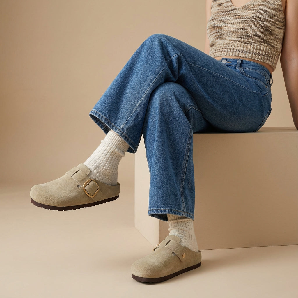 Rusty Leather Clogs Beige